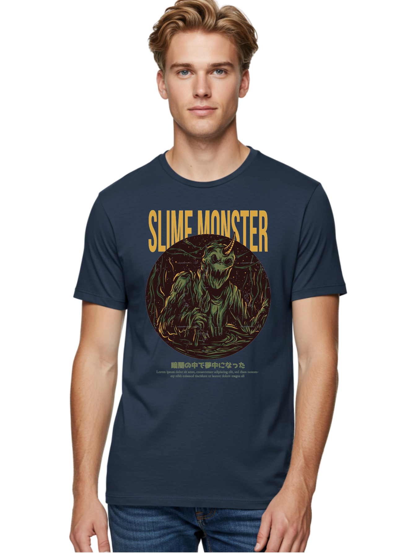 Slime-Monster Men'S Graphic Tee, 100% Cotton, Comfortable Casual Summer Wear, Machine Washable, Slime Monster, Fantasy Creature, Cartoon Illustration, Monster With Horn, Mysterious Being, Dark Forest, Eerie Atmosphere, Mystical Art, Aac175