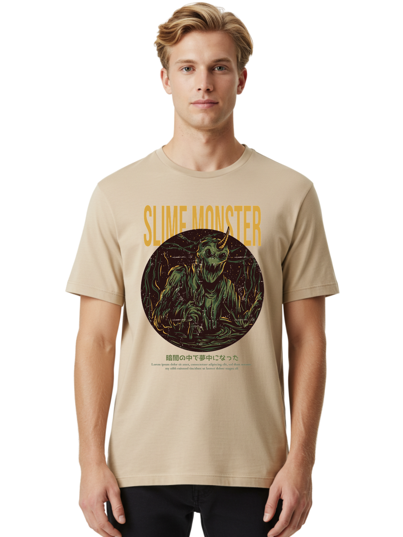 Slime-Monster Men'S Graphic Tee, 100% Cotton, Comfortable Casual Summer Wear, Machine Washable, Slime Monster, Fantasy Creature, Cartoon Illustration, Monster With Horn, Mysterious Being, Dark Forest, Eerie Atmosphere, Mystical Art, Aac175