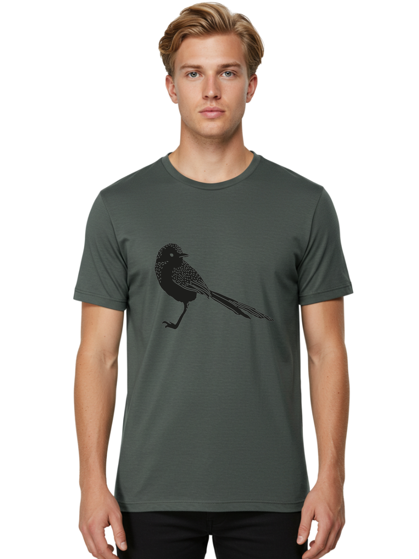 Bird-Silhouette-2 Men'S Graphic Tee, 100% Cotton, Comfortable Casual Summer Wear, Machine Washable, Bird Silhouette, Avian Icon, Minimalist Design, Simple Shape, Nature-Inspired, Wildlife Illustration, Bird Watching, Ornithology Aac182