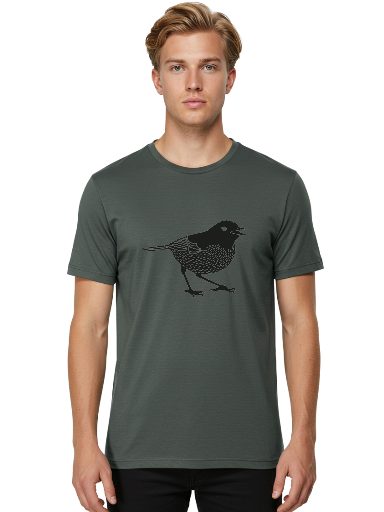 Bird-Silhouette Men'S Graphic Tee, 100% Cotton, Comfortable Casual Summer Wear, Machine Washable, Black Bird Silhouette, Graphic Illustration, Bird In Flight, Wildlife Art, Minimalist Design, Birdwatching, Ornithology Aac184