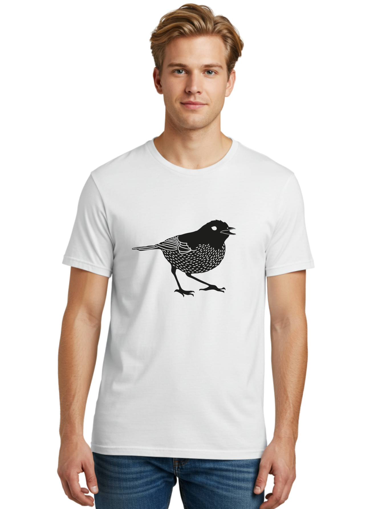 Bird-Silhouette Men'S Graphic Tee, 100% Cotton, Comfortable Casual Summer Wear, Machine Washable, Black Bird Silhouette, Graphic Illustration, Bird In Flight, Wildlife Art, Minimalist Design, Birdwatching, Ornithology Aac184