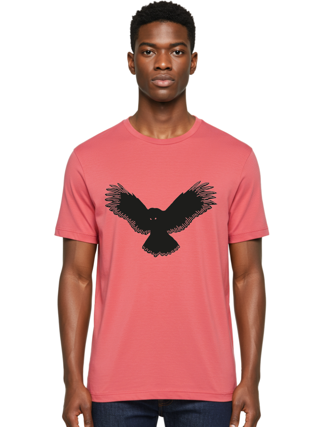 Black-Bird-Silhouette-With-Green-Eyes Men'S Graphic Tee, 100% Cotton, Comfortable Casual Summer Wear, Machine Washable, Bird In Flight, Black Silhouette, Feathers, Wings Spread, Owl-Like Features, Glowing Eyes, Dark Bird, Flight Motion, Aac187