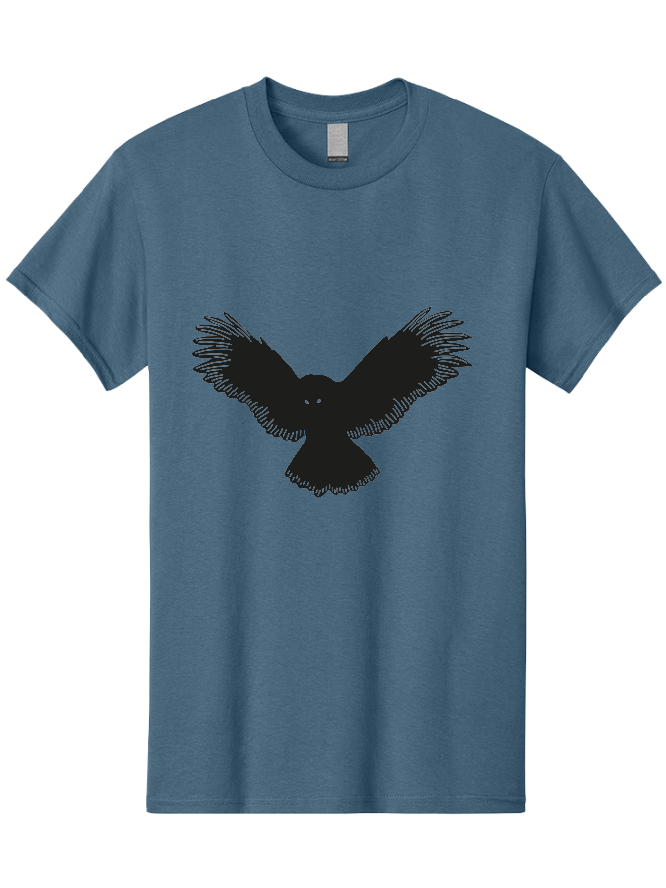Black-Bird-Silhouette-With-Green-Eyes Men'S Graphic Tee, 100% Cotton, Comfortable Casual Summer Wear, Machine Washable, Bird In Flight, Black Silhouette, Feathers, Wings Spread, Owl-Like Features, Glowing Eyes, Dark Bird, Flight Motion, Aac187