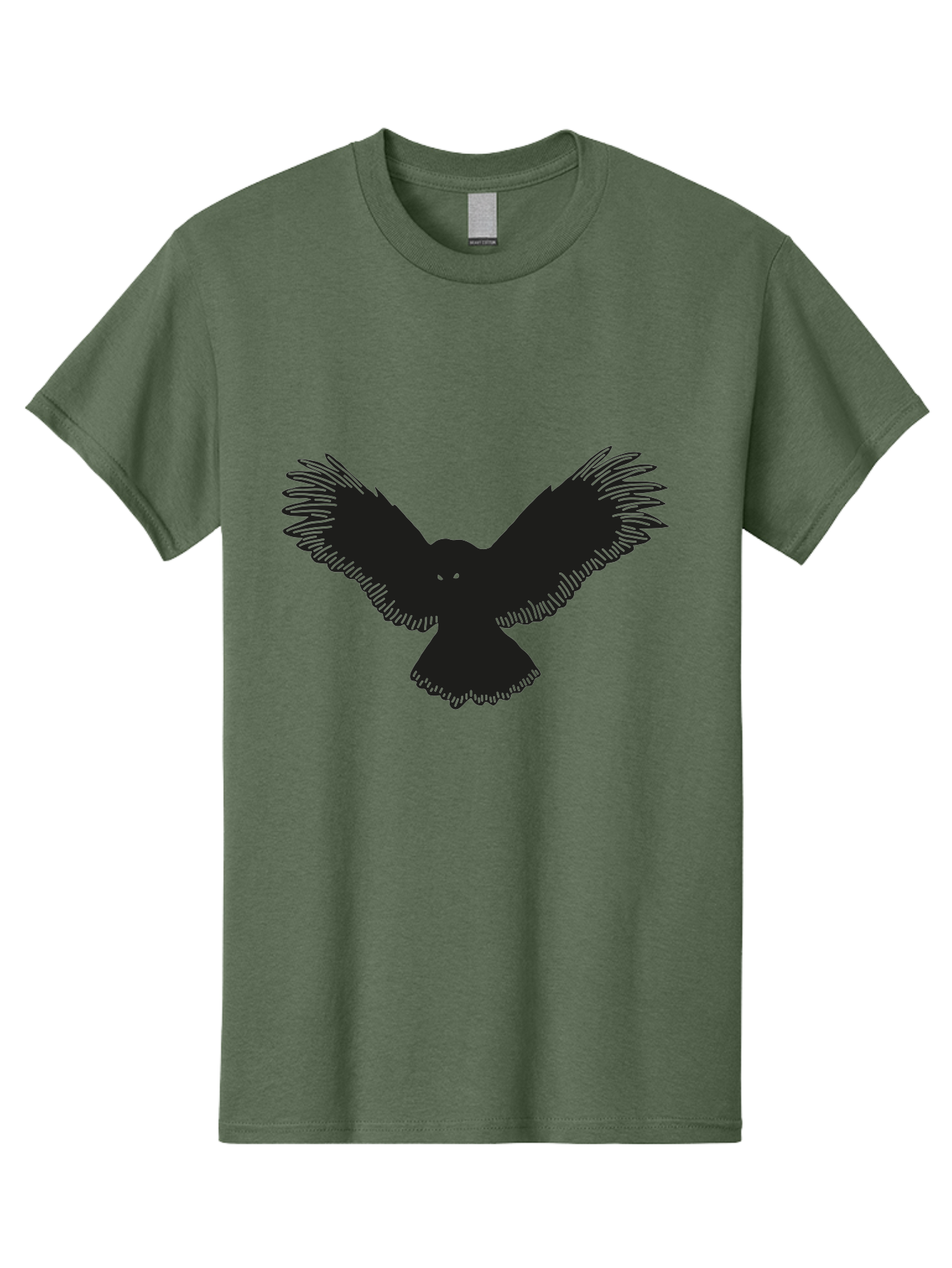 Black-Bird-Silhouette-With-Green-Eyes Men'S Graphic Tee, 100% Cotton, Comfortable Casual Summer Wear, Machine Washable, Bird In Flight, Black Silhouette, Feathers, Wings Spread, Owl-Like Features, Glowing Eyes, Dark Bird, Flight Motion, Aac187