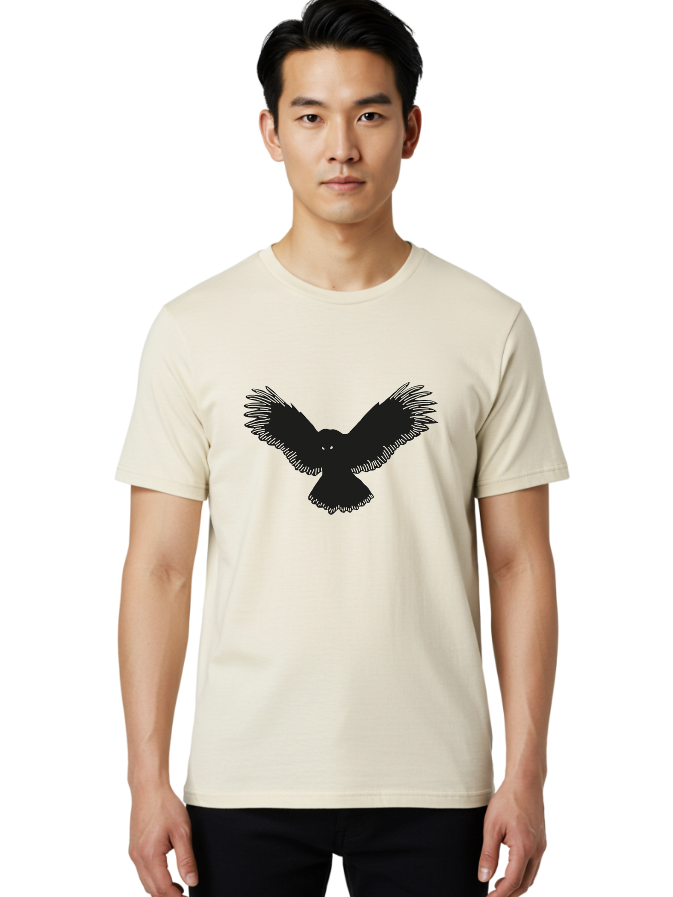 Black-Bird-Silhouette-With-Green-Eyes Men'S Graphic Tee, 100% Cotton, Comfortable Casual Summer Wear, Machine Washable, Bird In Flight, Black Silhouette, Feathers, Wings Spread, Owl-Like Features, Glowing Eyes, Dark Bird, Flight Motion, Aac187