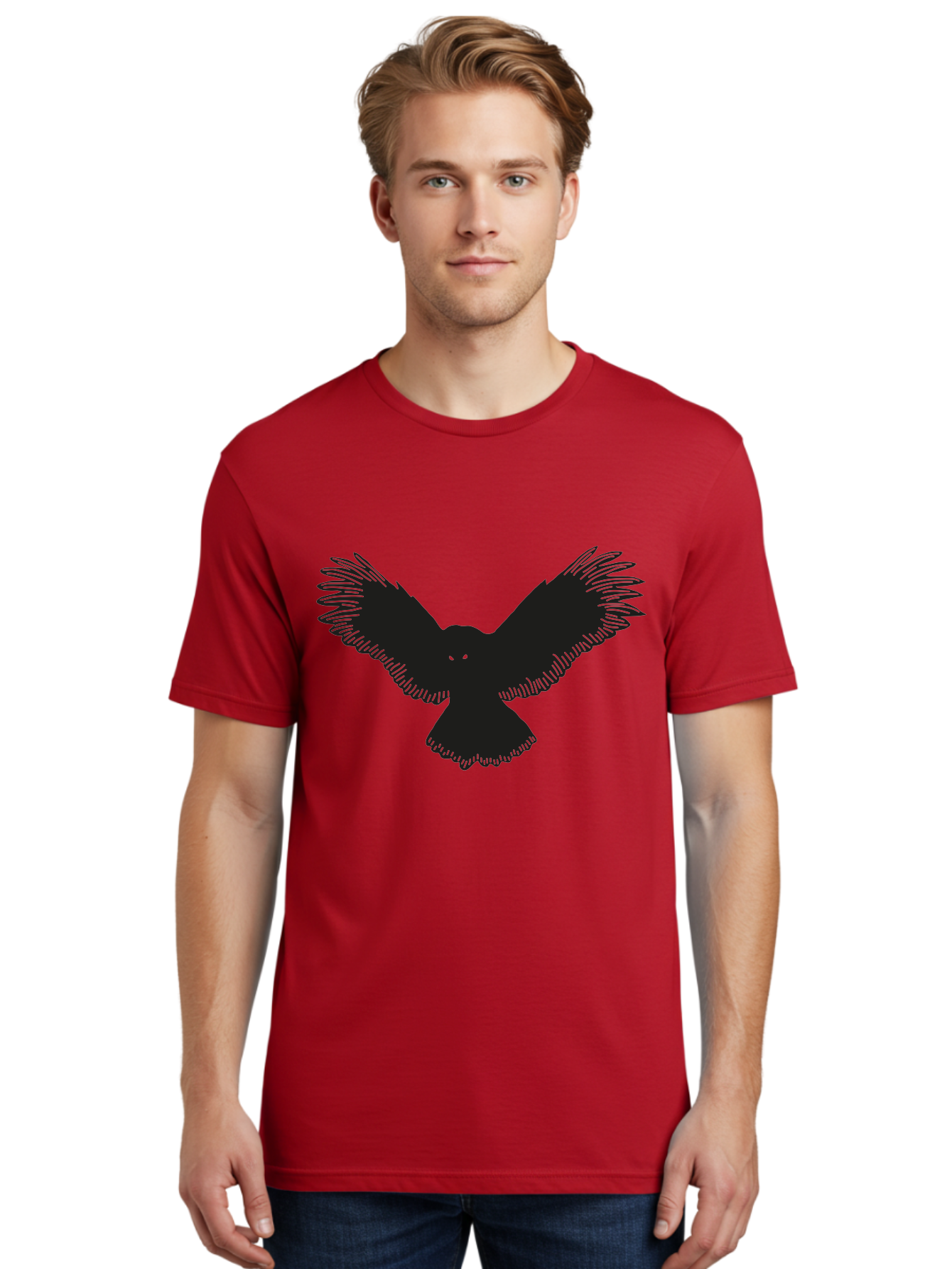 Black-Bird-Silhouette-With-Green-Eyes Men'S Graphic Tee, 100% Cotton, Comfortable Casual Summer Wear, Machine Washable, Bird In Flight, Black Silhouette, Feathers, Wings Spread, Owl-Like Features, Glowing Eyes, Dark Bird, Flight Motion, Aac187