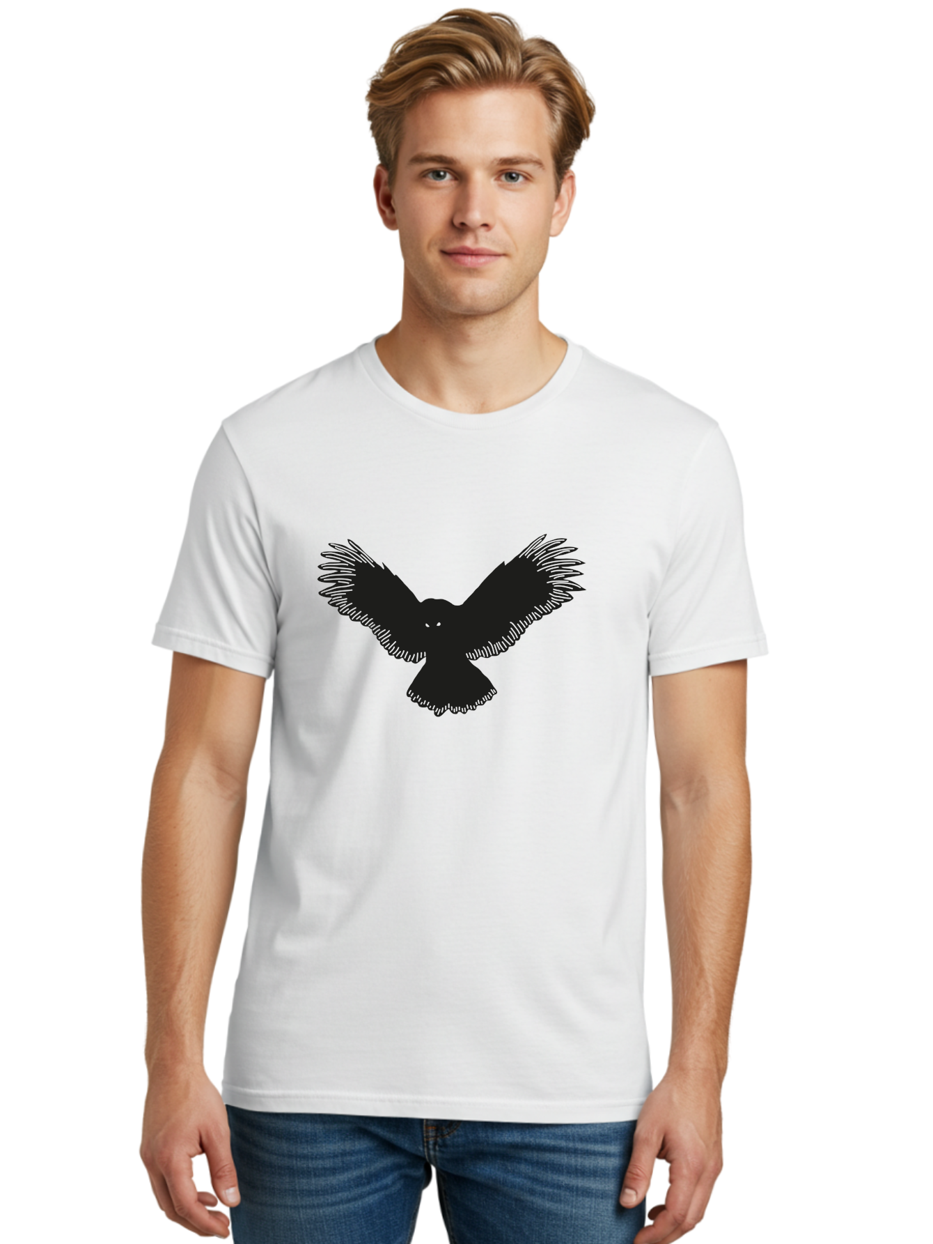 Black-Bird-Silhouette-With-Green-Eyes Men'S Graphic Tee, 100% Cotton, Comfortable Casual Summer Wear, Machine Washable, Bird In Flight, Black Silhouette, Feathers, Wings Spread, Owl-Like Features, Glowing Eyes, Dark Bird, Flight Motion, Aac187