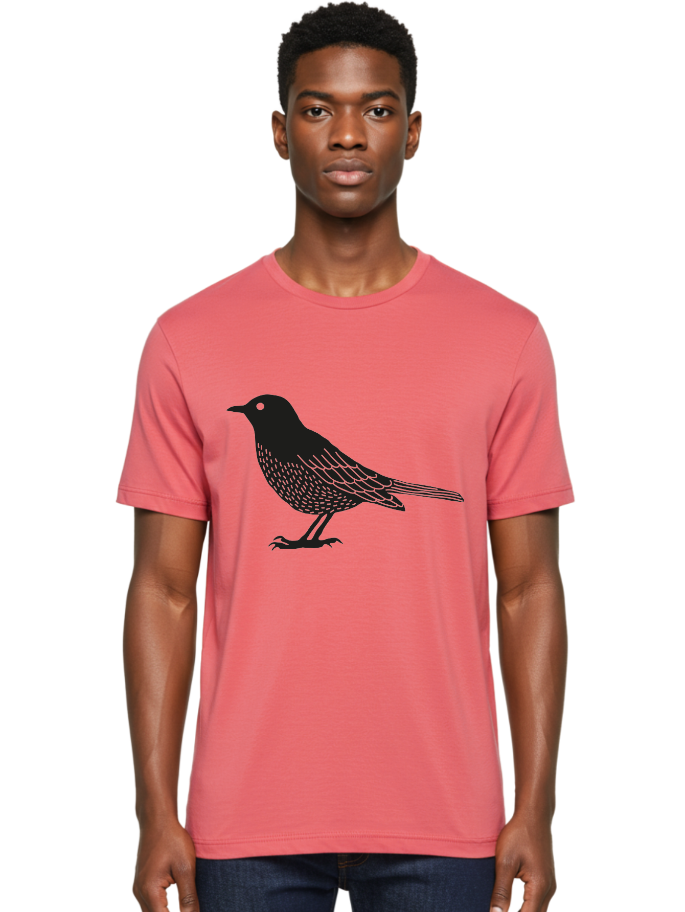Black-Bird Men'S Graphic Tee, 100% Cotton, Comfortable Casual Summer Wear, Machine Washable, Black Bird, Bird Silhouette, Simple Art, Minimalist Design, Wildlife Illustration, Green Eye, Bird Watching, Nature Graphics Aac188