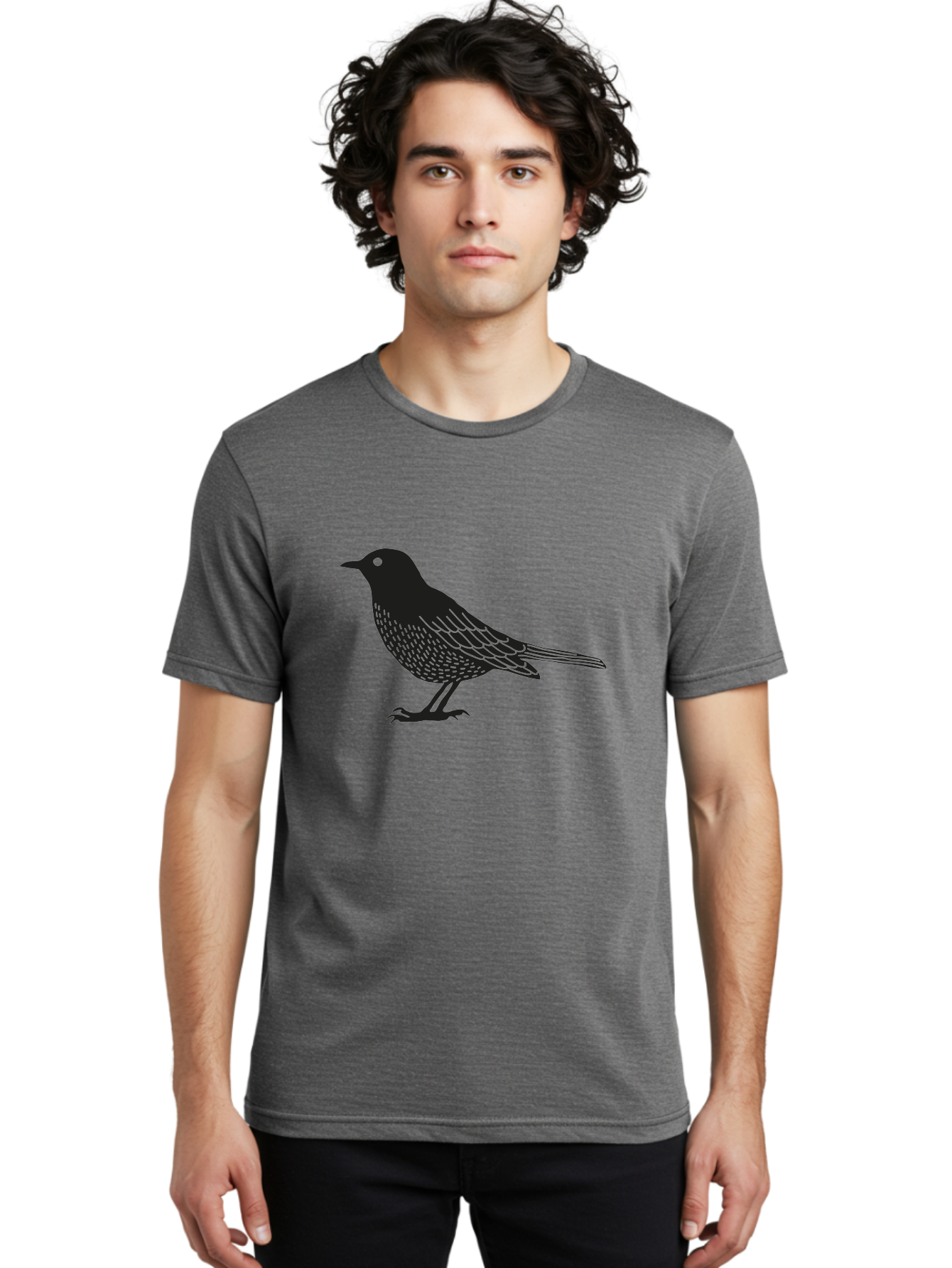 Black-Bird Men'S Graphic Tee, 100% Cotton, Comfortable Casual Summer Wear, Machine Washable, Black Bird, Bird Silhouette, Simple Art, Minimalist Design, Wildlife Illustration, Green Eye, Bird Watching, Nature Graphics Aac188