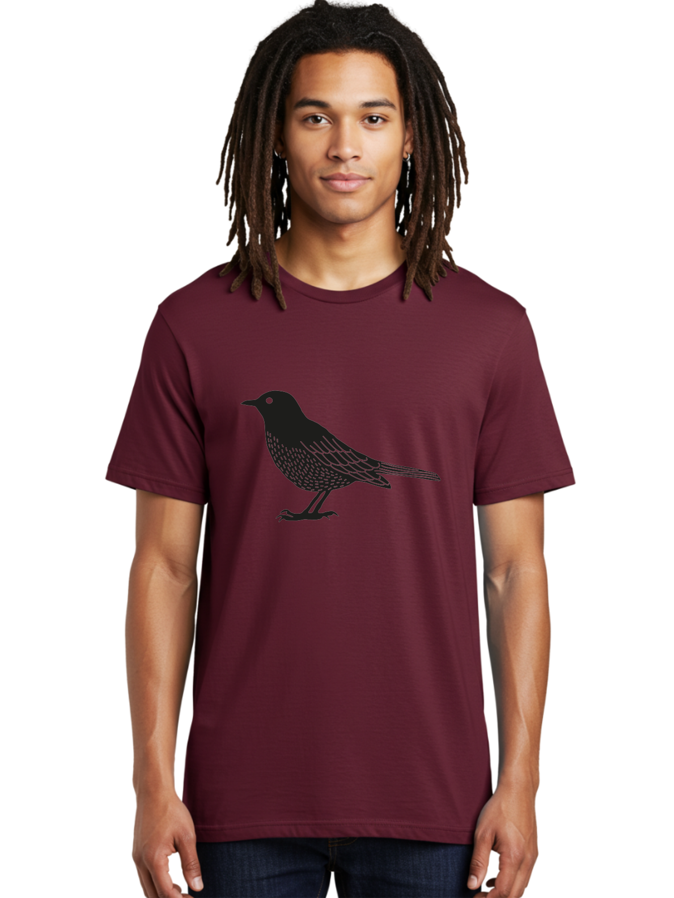 Black-Bird Men'S Graphic Tee, 100% Cotton, Comfortable Casual Summer Wear, Machine Washable, Black Bird, Bird Silhouette, Simple Art, Minimalist Design, Wildlife Illustration, Green Eye, Bird Watching, Nature Graphics Aac188