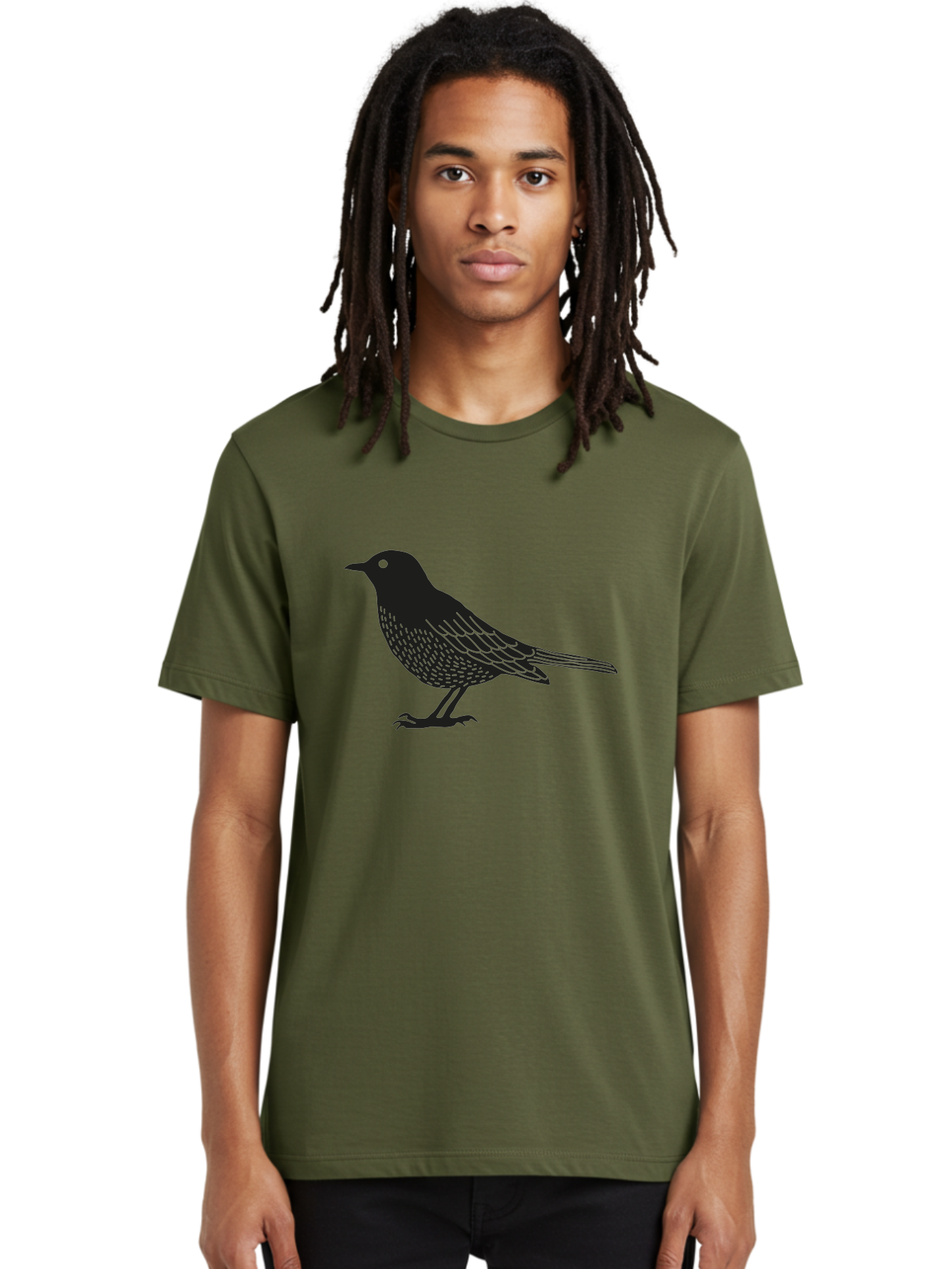Black-Bird Men'S Graphic Tee, 100% Cotton, Comfortable Casual Summer Wear, Machine Washable, Black Bird, Bird Silhouette, Simple Art, Minimalist Design, Wildlife Illustration, Green Eye, Bird Watching, Nature Graphics Aac188