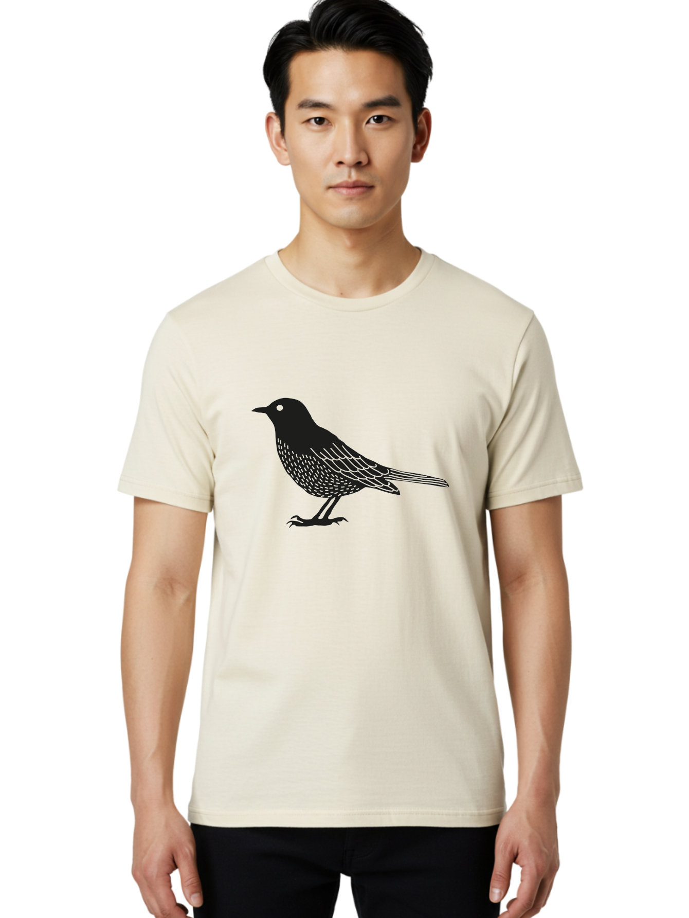 Black-Bird Men'S Graphic Tee, 100% Cotton, Comfortable Casual Summer Wear, Machine Washable, Black Bird, Bird Silhouette, Simple Art, Minimalist Design, Wildlife Illustration, Green Eye, Bird Watching, Nature Graphics Aac188