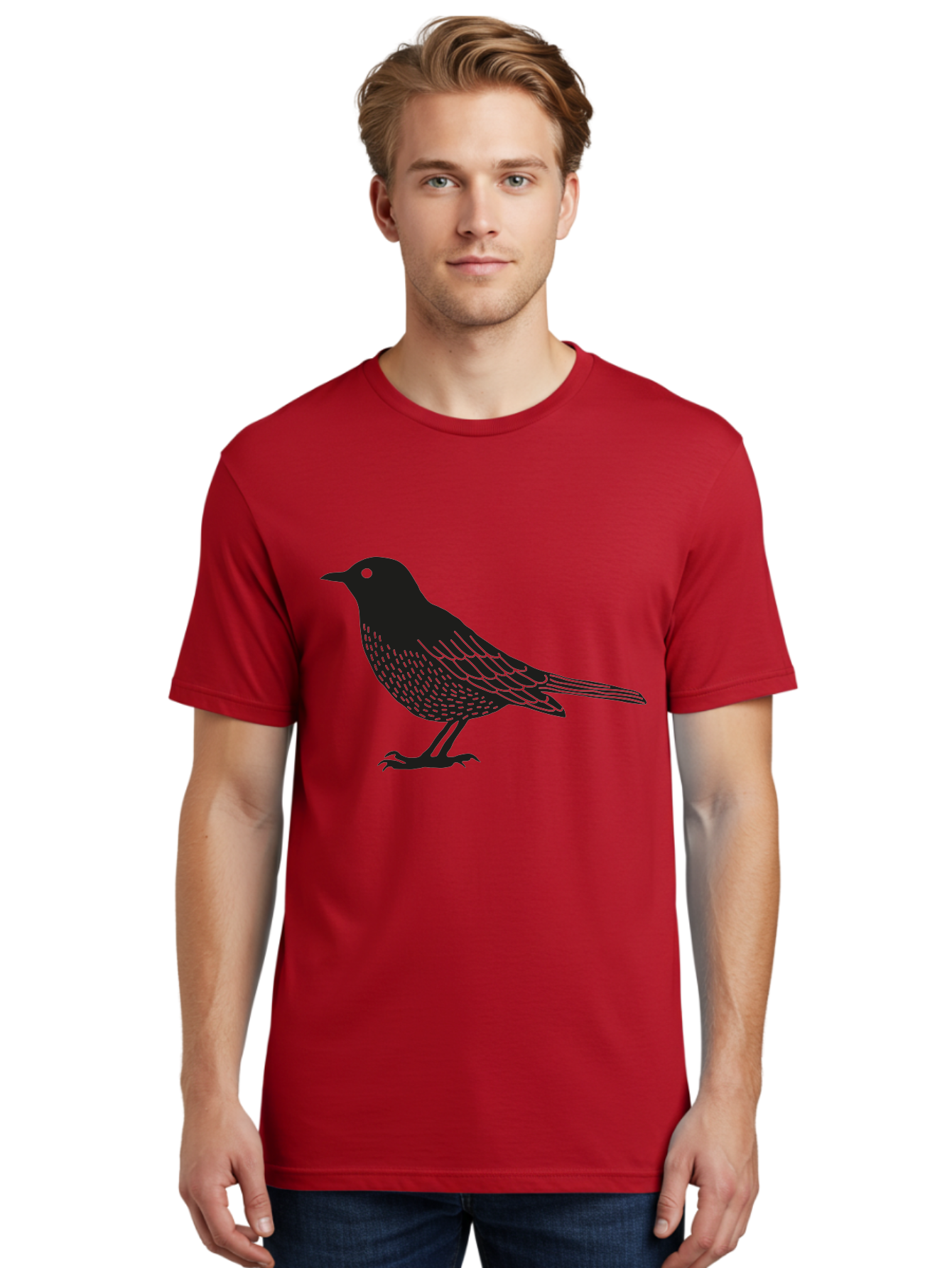 Black-Bird Men'S Graphic Tee, 100% Cotton, Comfortable Casual Summer Wear, Machine Washable, Black Bird, Bird Silhouette, Simple Art, Minimalist Design, Wildlife Illustration, Green Eye, Bird Watching, Nature Graphics Aac188