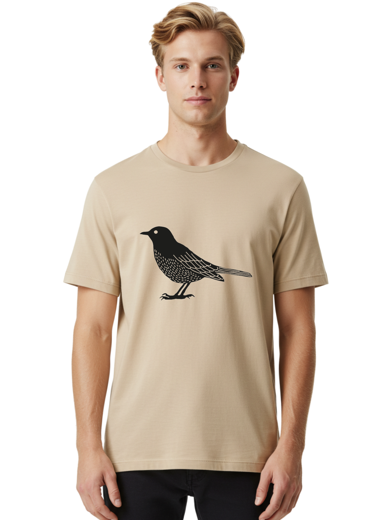 Black-Bird Men'S Graphic Tee, 100% Cotton, Comfortable Casual Summer Wear, Machine Washable, Black Bird, Bird Silhouette, Simple Art, Minimalist Design, Wildlife Illustration, Green Eye, Bird Watching, Nature Graphics Aac188