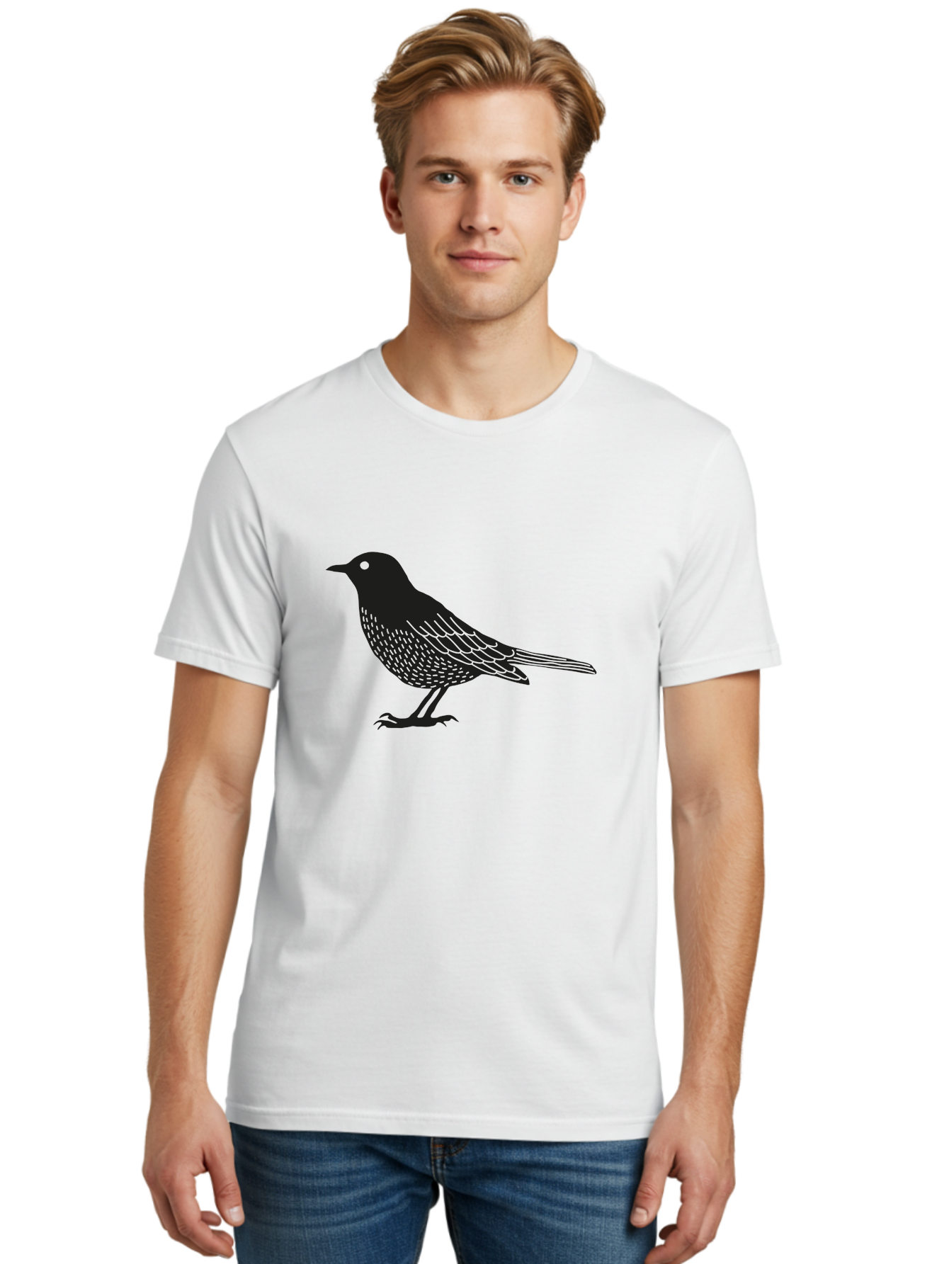 Black-Bird Men'S Graphic Tee, 100% Cotton, Comfortable Casual Summer Wear, Machine Washable, Black Bird, Bird Silhouette, Simple Art, Minimalist Design, Wildlife Illustration, Green Eye, Bird Watching, Nature Graphics Aac188