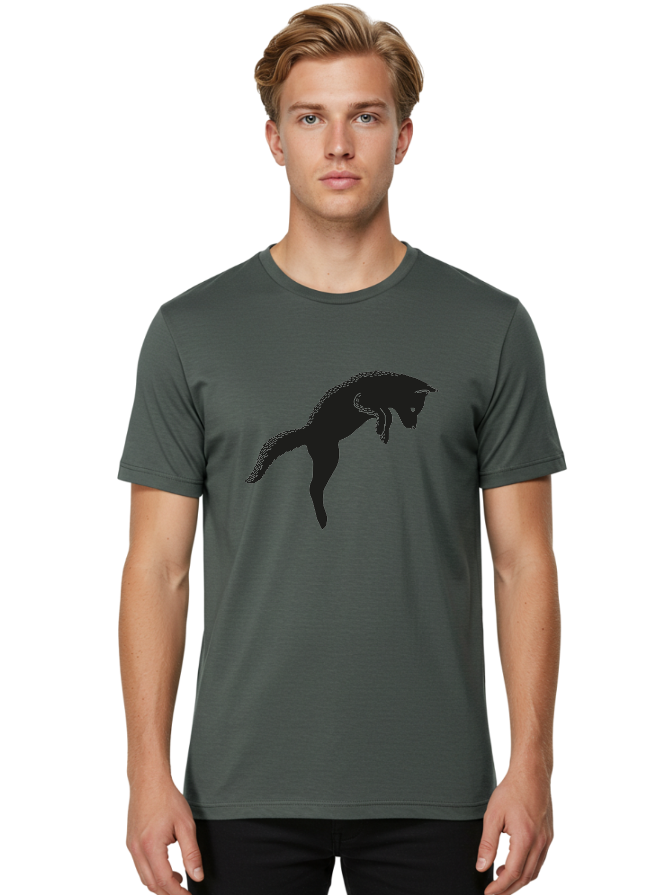 Black-Fox-Silhouette Men'S Graphic Tee, 100% Cotton, Comfortable Casual Summer Wear, Machine Washable, Squirrel Silhouette, Animal Graphic, Wildlife Illustration, Forest Creature, Cute Animal, Jumping Squirrel, Nut Love, Tree Dweller, Aac190
