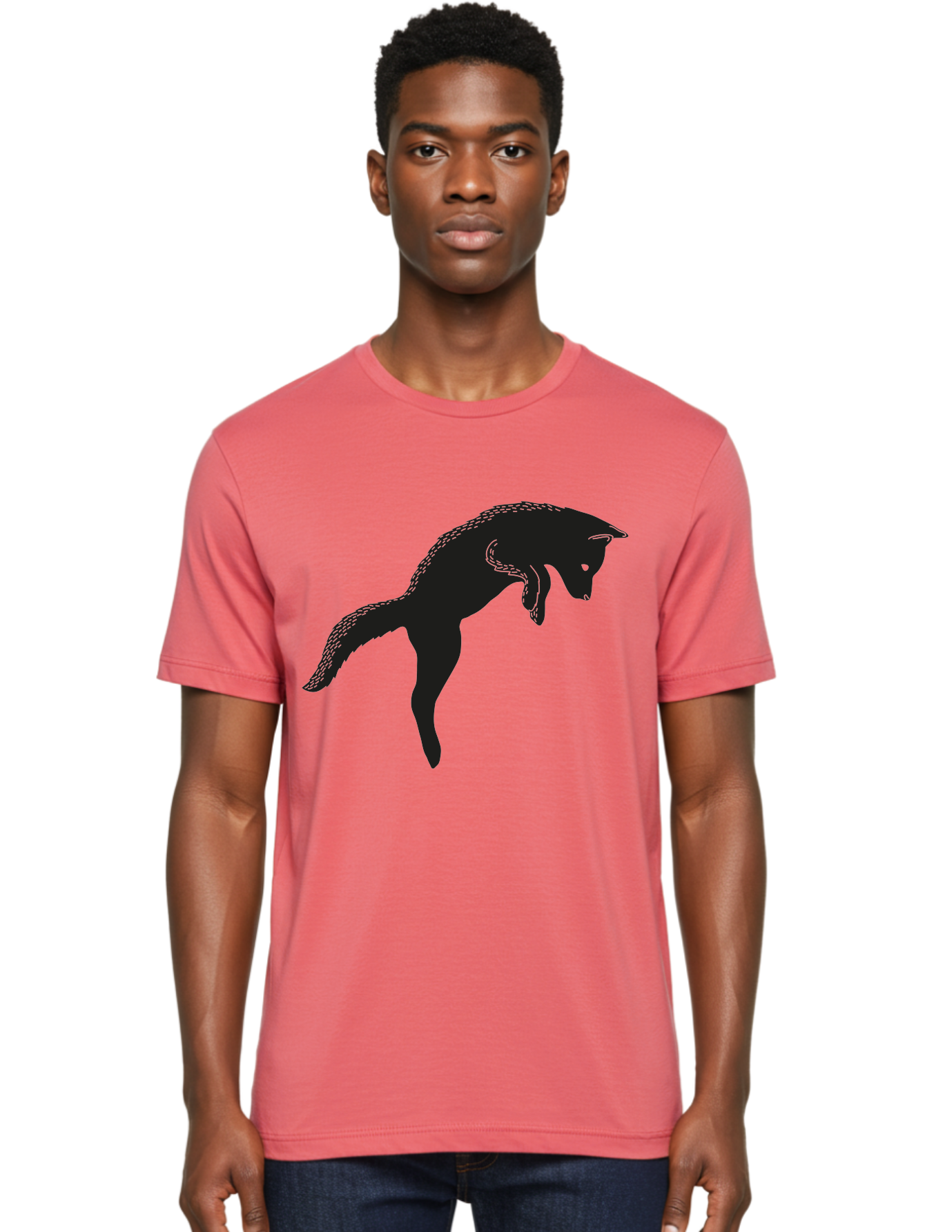 Black-Fox-Silhouette Men'S Graphic Tee, 100% Cotton, Comfortable Casual Summer Wear, Machine Washable, Squirrel Silhouette, Animal Graphic, Wildlife Illustration, Forest Creature, Cute Animal, Jumping Squirrel, Nut Love, Tree Dweller, Aac190