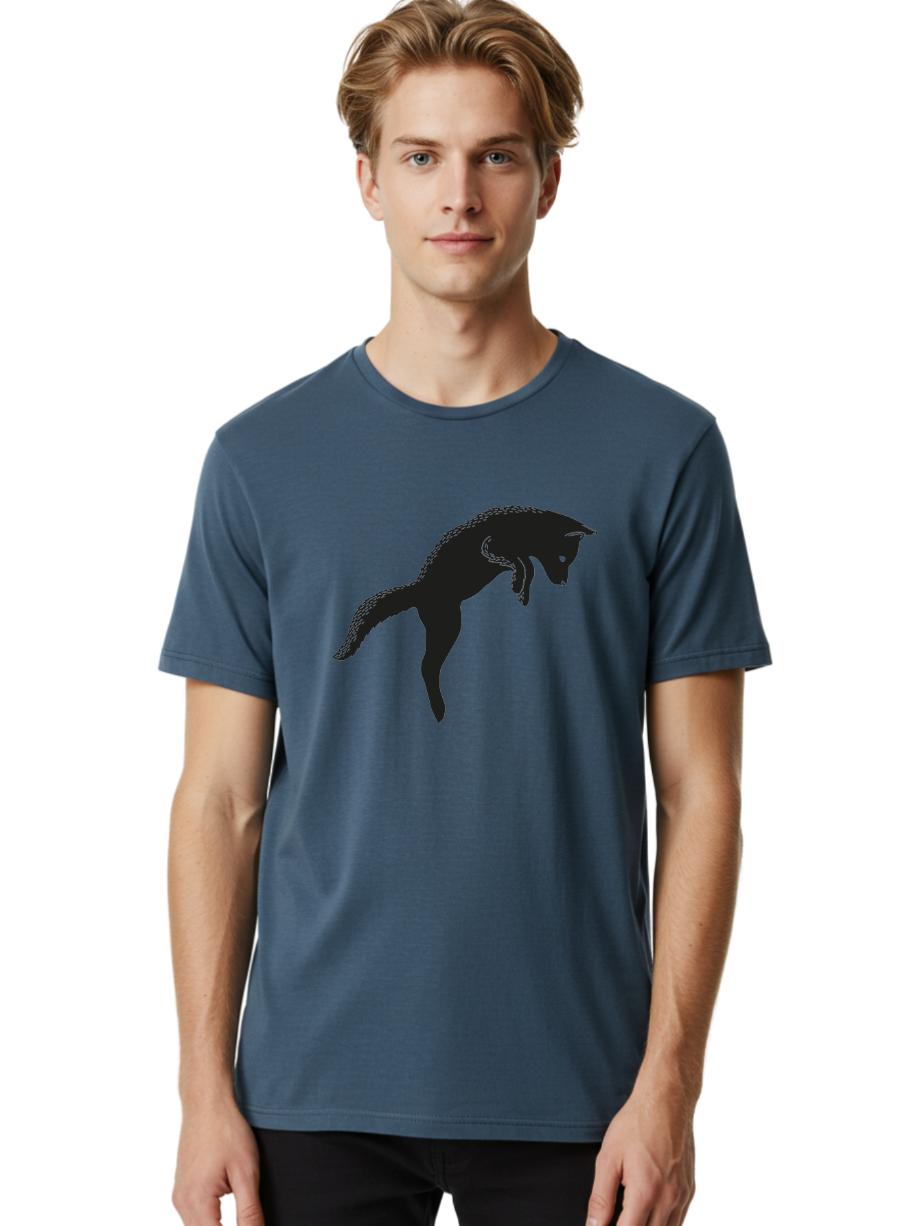 Black-Fox-Silhouette Men'S Graphic Tee, 100% Cotton, Comfortable Casual Summer Wear, Machine Washable, Squirrel Silhouette, Animal Graphic, Wildlife Illustration, Forest Creature, Cute Animal, Jumping Squirrel, Nut Love, Tree Dweller, Aac190