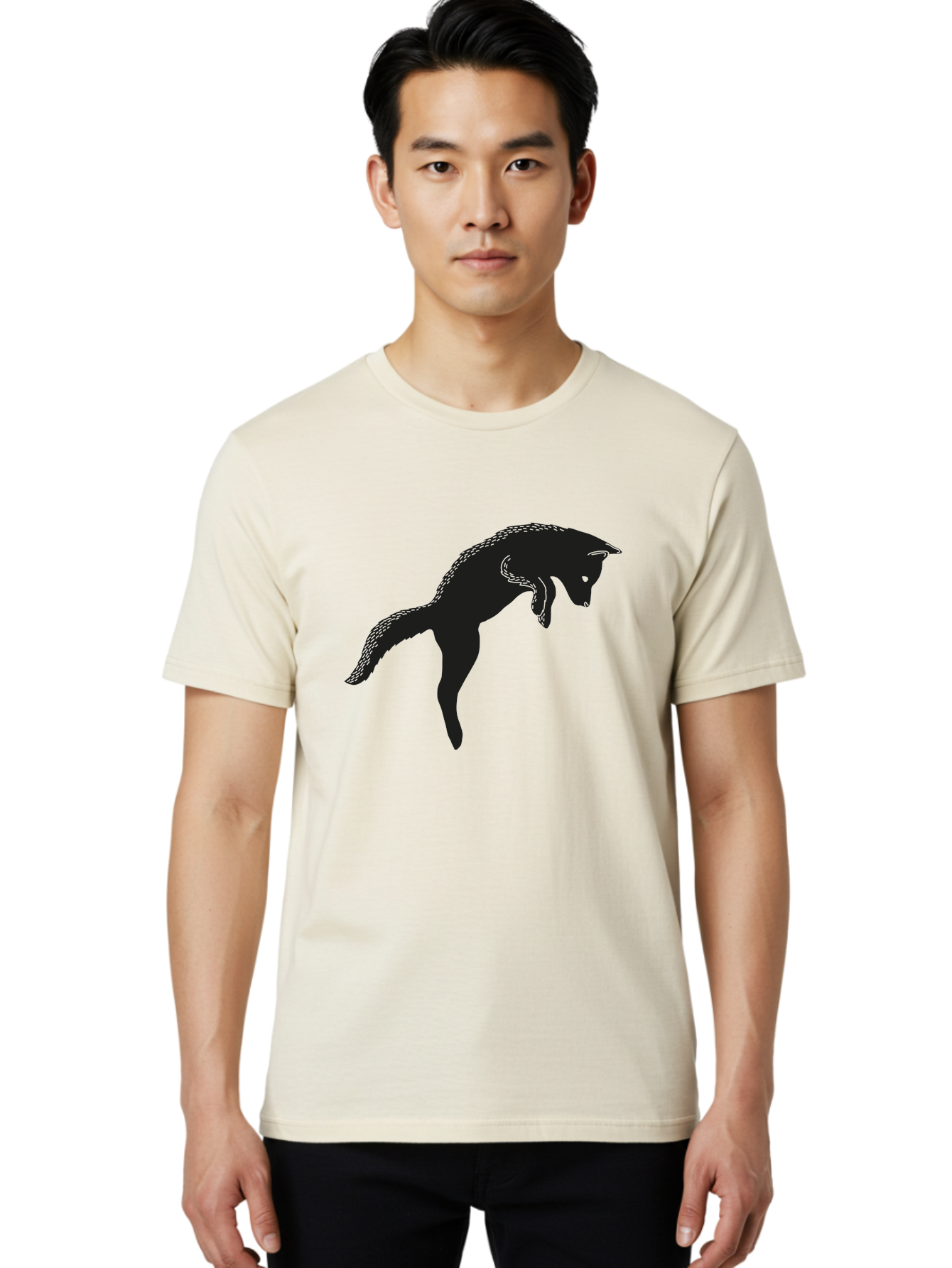 Black-Fox-Silhouette Men'S Graphic Tee, 100% Cotton, Comfortable Casual Summer Wear, Machine Washable, Squirrel Silhouette, Animal Graphic, Wildlife Illustration, Forest Creature, Cute Animal, Jumping Squirrel, Nut Love, Tree Dweller, Aac190