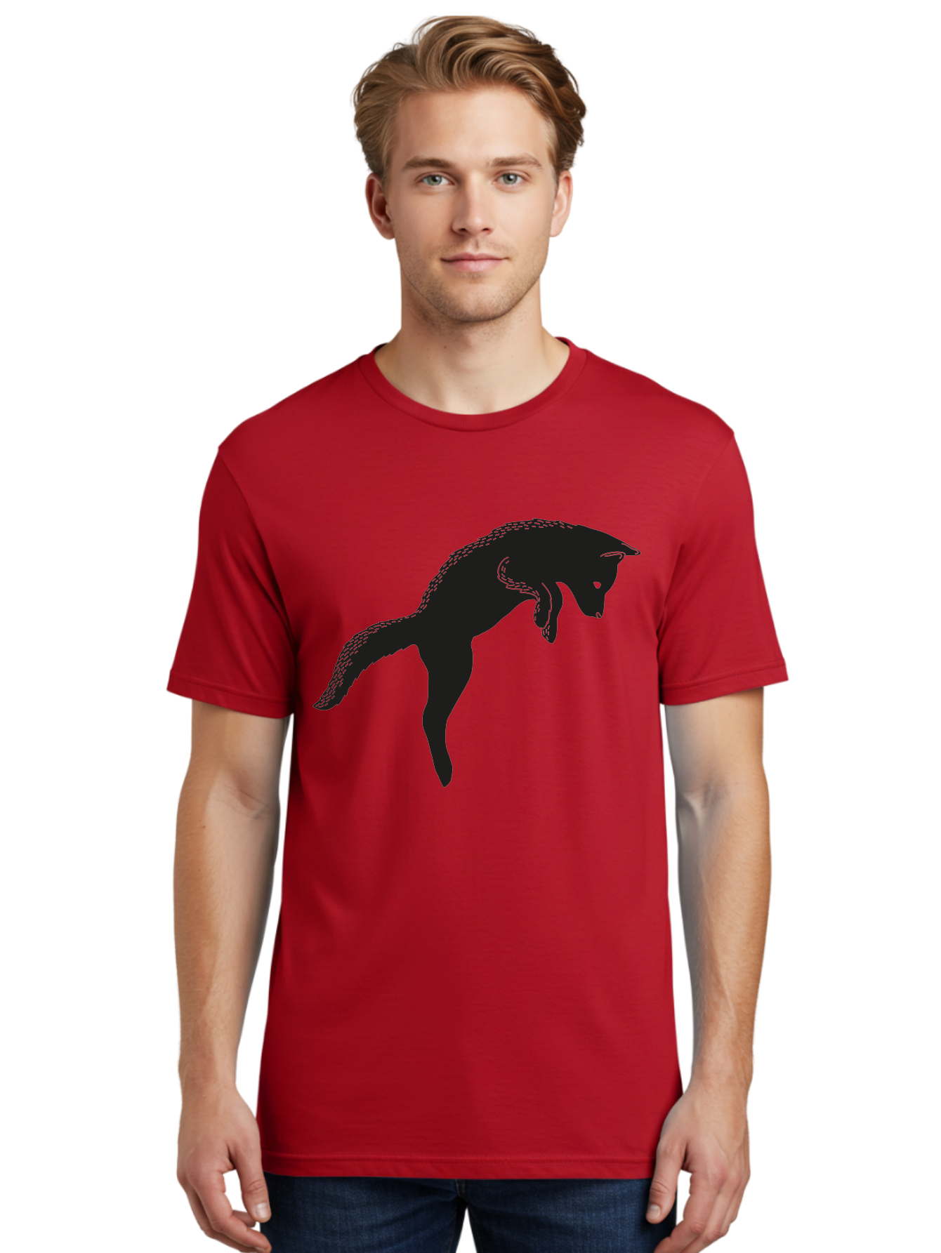 Black-Fox-Silhouette Men'S Graphic Tee, 100% Cotton, Comfortable Casual Summer Wear, Machine Washable, Squirrel Silhouette, Animal Graphic, Wildlife Illustration, Forest Creature, Cute Animal, Jumping Squirrel, Nut Love, Tree Dweller, Aac190