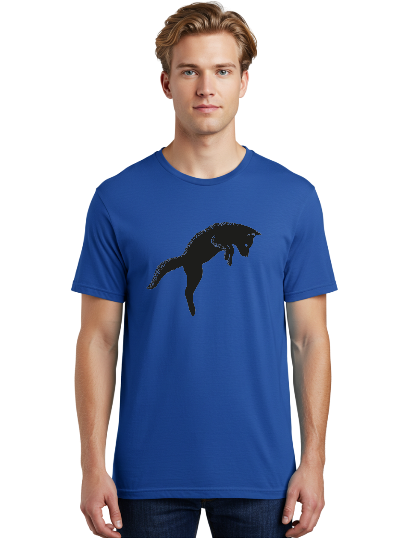 Black-Fox-Silhouette Men'S Graphic Tee, 100% Cotton, Comfortable Casual Summer Wear, Machine Washable, Squirrel Silhouette, Animal Graphic, Wildlife Illustration, Forest Creature, Cute Animal, Jumping Squirrel, Nut Love, Tree Dweller, Aac190