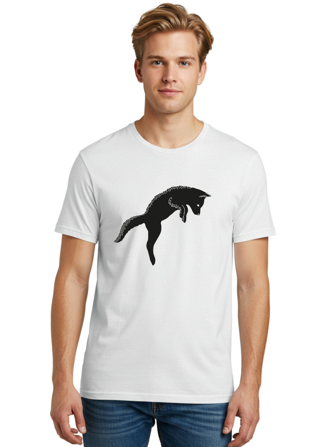 Black-Fox-Silhouette Men'S Graphic Tee, 100% Cotton, Comfortable Casual Summer Wear, Machine Washable, Squirrel Silhouette, Animal Graphic, Wildlife Illustration, Forest Creature, Cute Animal, Jumping Squirrel, Nut Love, Tree Dweller, Aac190
