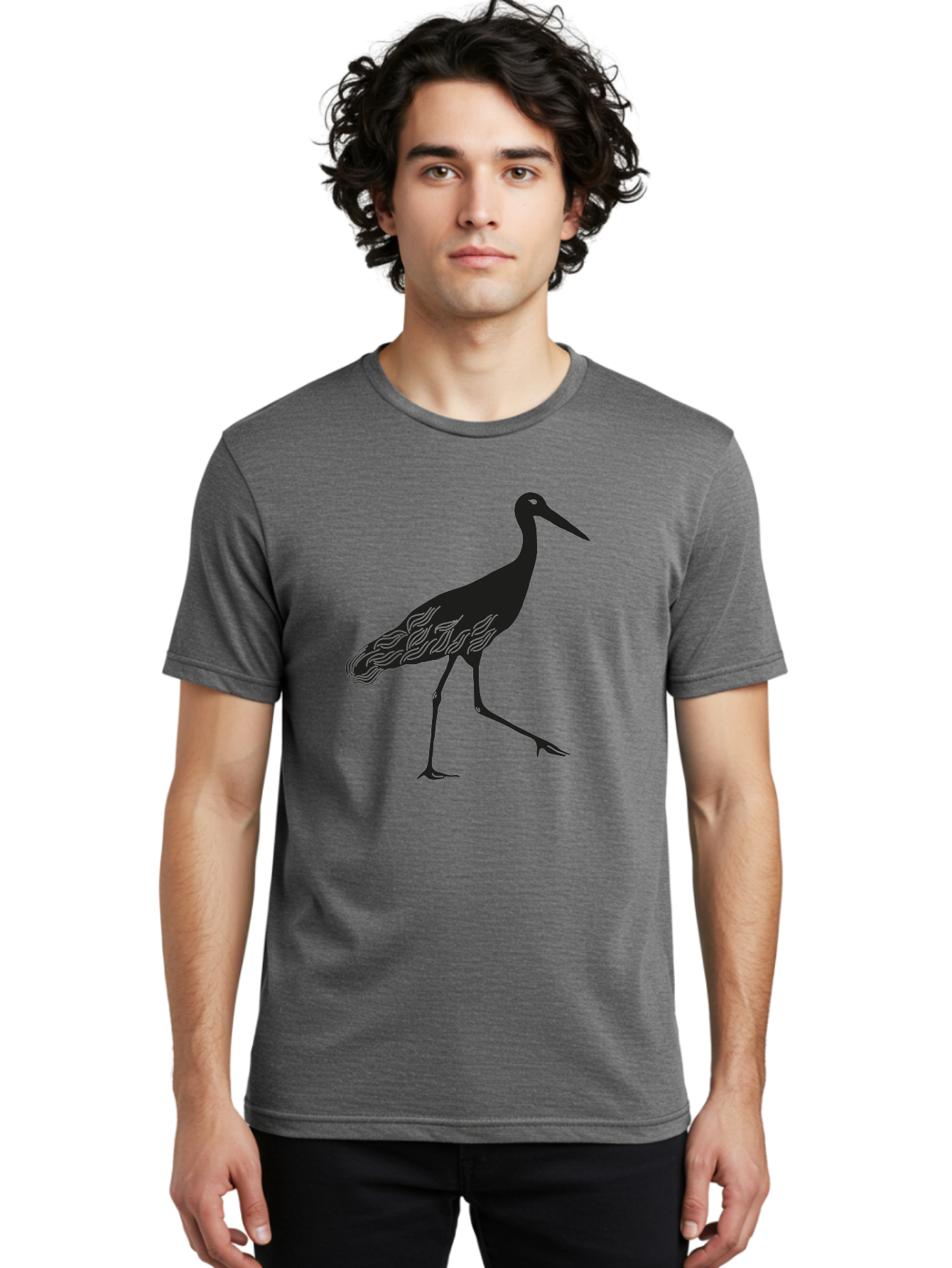 Crane Men'S Graphic Tee, 100% Cotton, Comfortable Casual Summer Wear, Machine Washable, Crane Bird, Bird Silhouette, Wild Crane, Long Neck, Wavy Lines, Abstract Bird, Minimalist Design, Simple Art, Bird Illustration Aac203