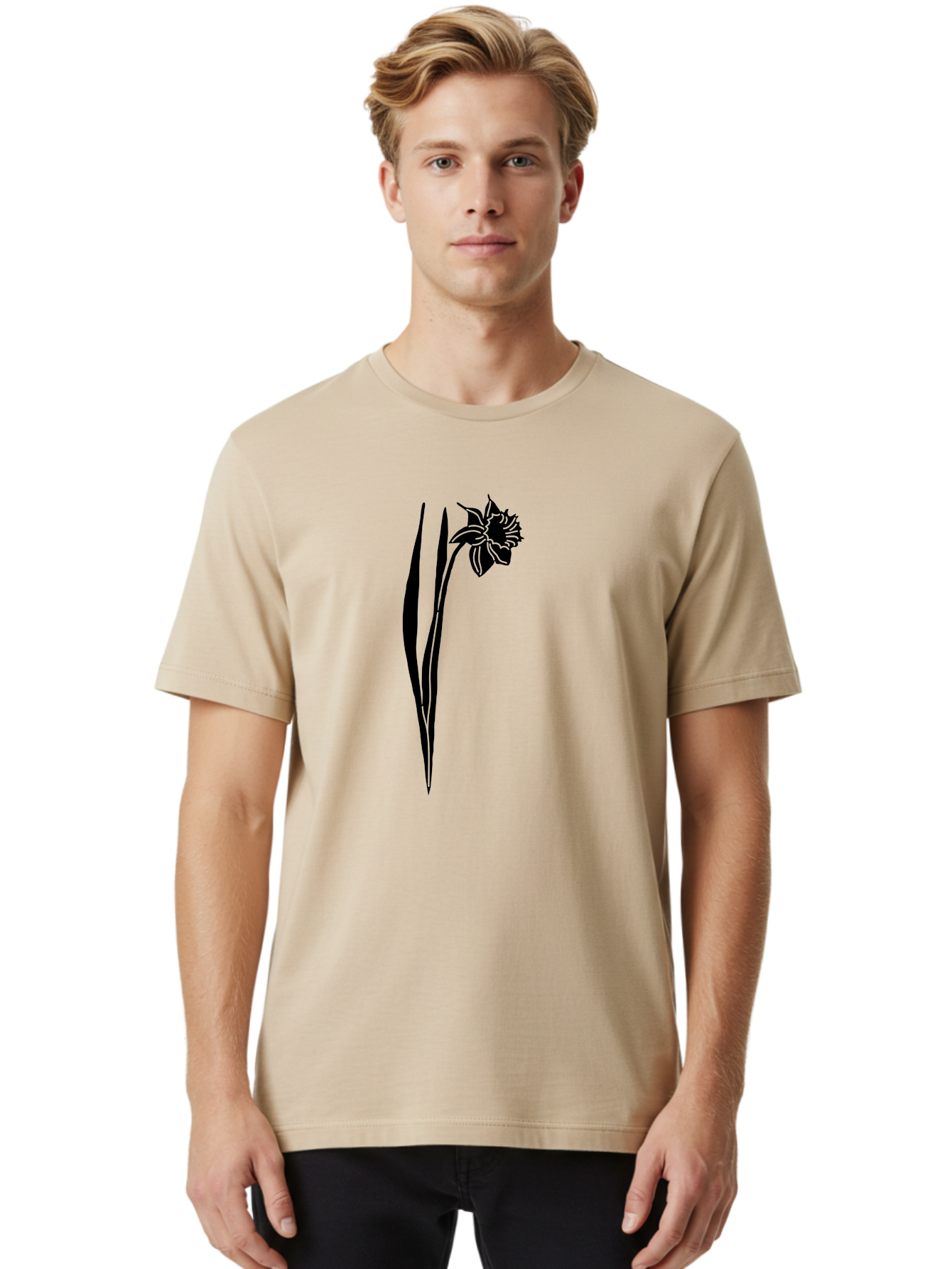 Daffodil Men'S Graphic Tee, 100% Cotton, Comfortable Casual Summer Wear, Machine Washable, Black Daffodil, Simple Silhouette, Minimalist Design, Flower Graphic, Spring Symbol, Botanical Illustration, Elegant Lines, Floral Motif Aac204