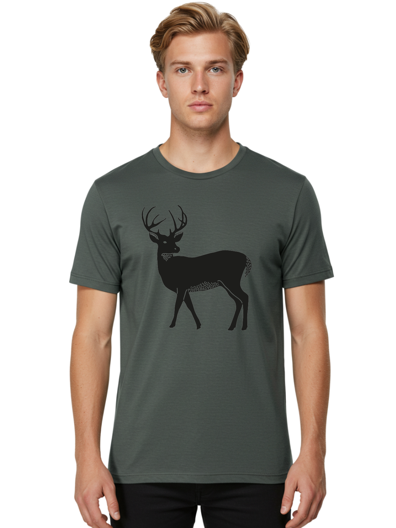 Deer-Silhouette-1 Men'S Graphic Tee, 100% Cotton, Comfortable Casual Summer Wear, Machine Washable, Deer Silhouette, Majestic Stag, Wildlife Art, Forest Creature, Nature Design, Minimalist Graphic, Antlers, Wild Animal, Natural World Aac208
