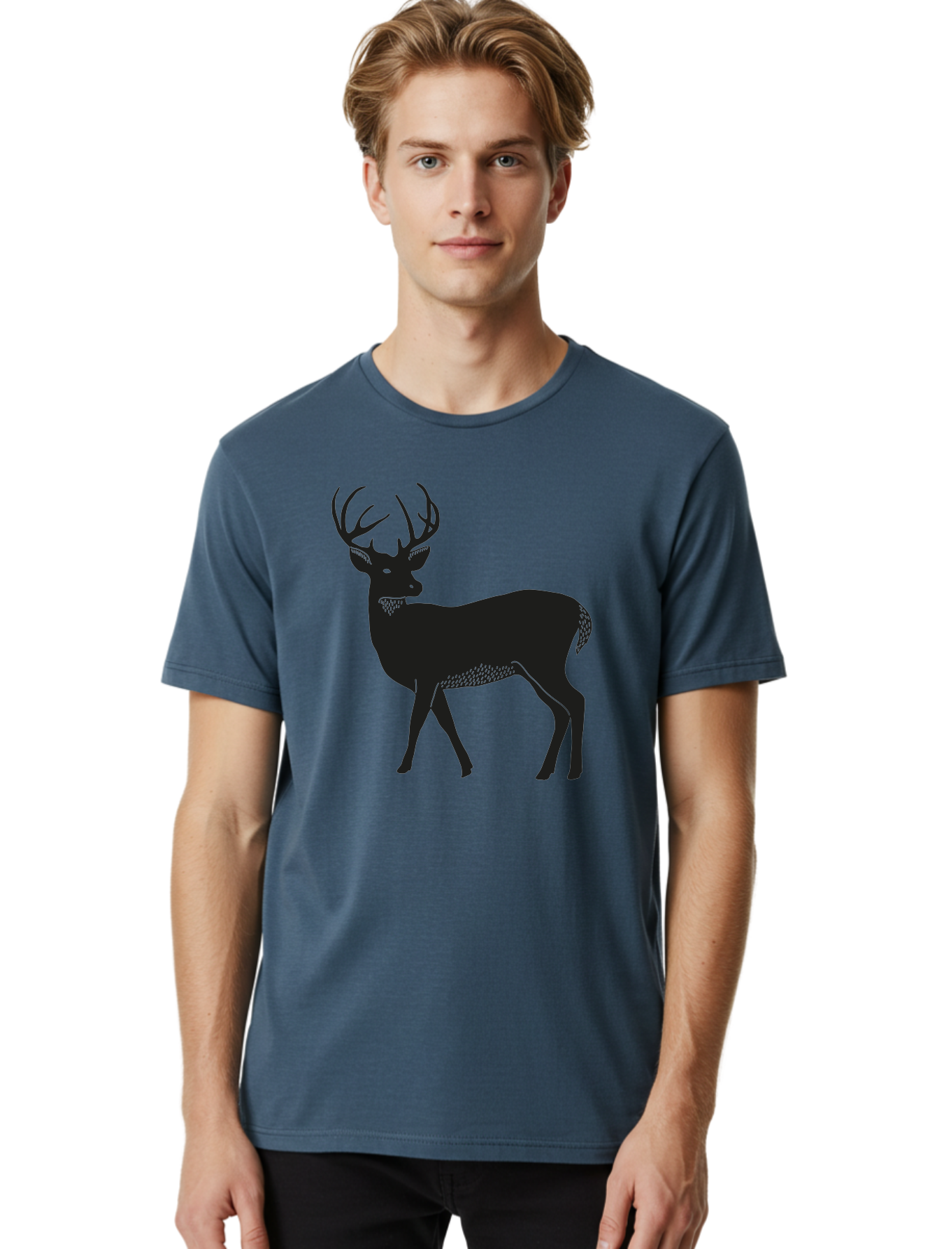 Deer-Silhouette-1 Men'S Graphic Tee, 100% Cotton, Comfortable Casual Summer Wear, Machine Washable, Deer Silhouette, Majestic Stag, Wildlife Art, Forest Creature, Nature Design, Minimalist Graphic, Antlers, Wild Animal, Natural World Aac208