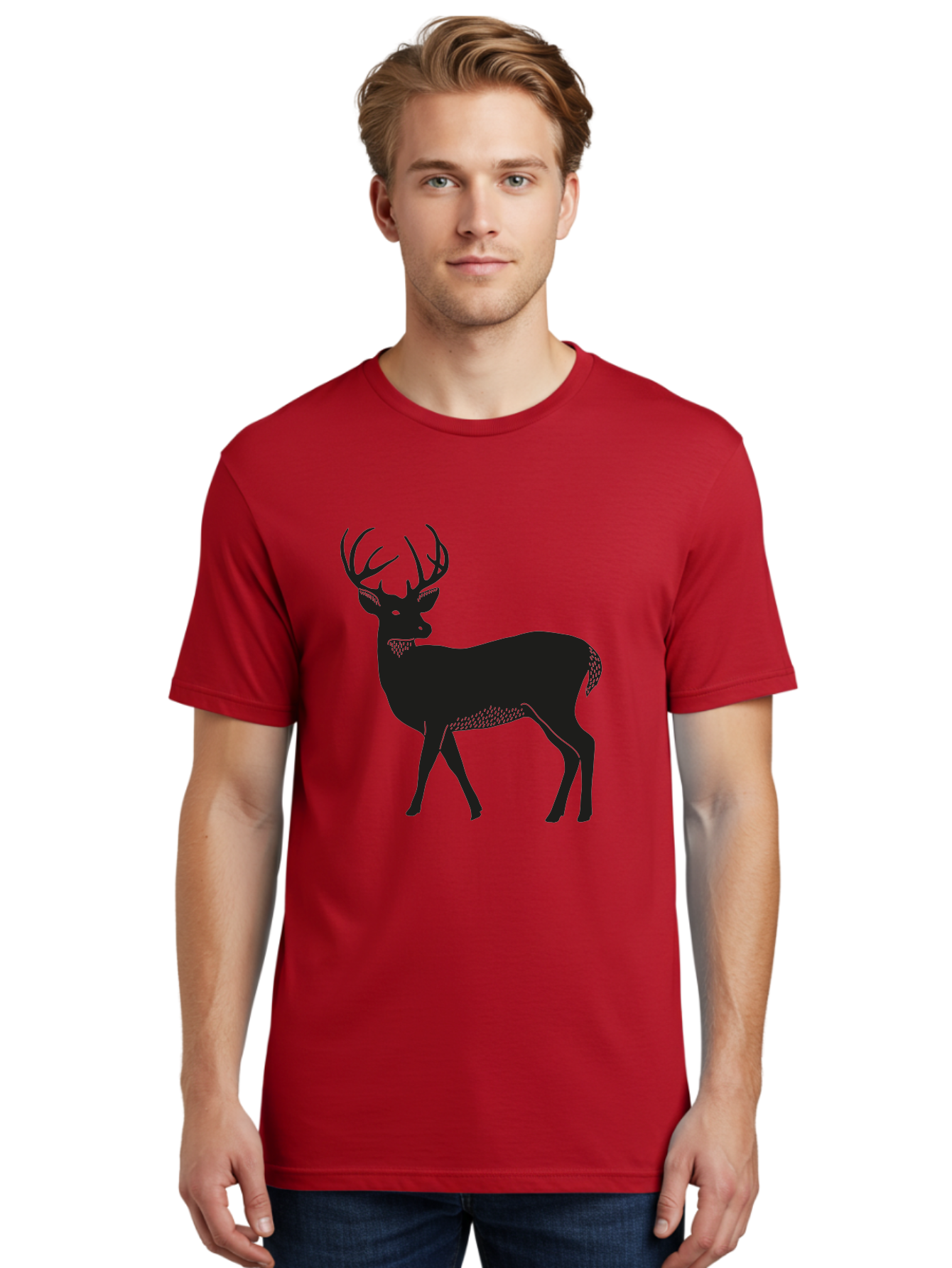 Deer-Silhouette-1 Men'S Graphic Tee, 100% Cotton, Comfortable Casual Summer Wear, Machine Washable, Deer Silhouette, Majestic Stag, Wildlife Art, Forest Creature, Nature Design, Minimalist Graphic, Antlers, Wild Animal, Natural World Aac208