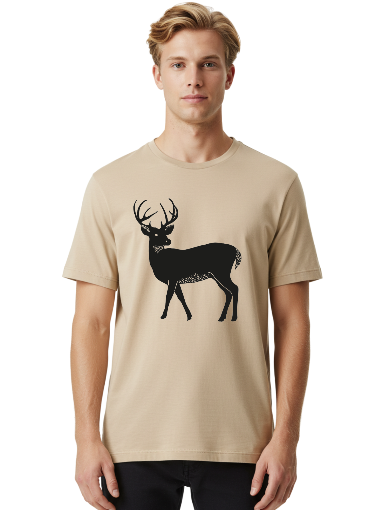 Deer-Silhouette-1 Men'S Graphic Tee, 100% Cotton, Comfortable Casual Summer Wear, Machine Washable, Deer Silhouette, Majestic Stag, Wildlife Art, Forest Creature, Nature Design, Minimalist Graphic, Antlers, Wild Animal, Natural World Aac208