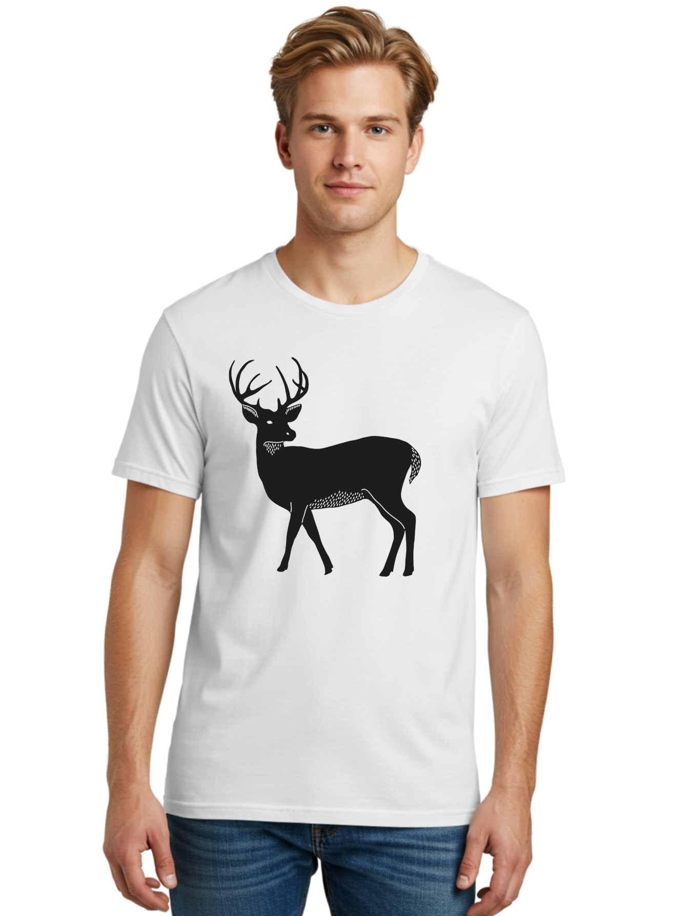 Deer-Silhouette-1 Men'S Graphic Tee, 100% Cotton, Comfortable Casual Summer Wear, Machine Washable, Deer Silhouette, Majestic Stag, Wildlife Art, Forest Creature, Nature Design, Minimalist Graphic, Antlers, Wild Animal, Natural World Aac208