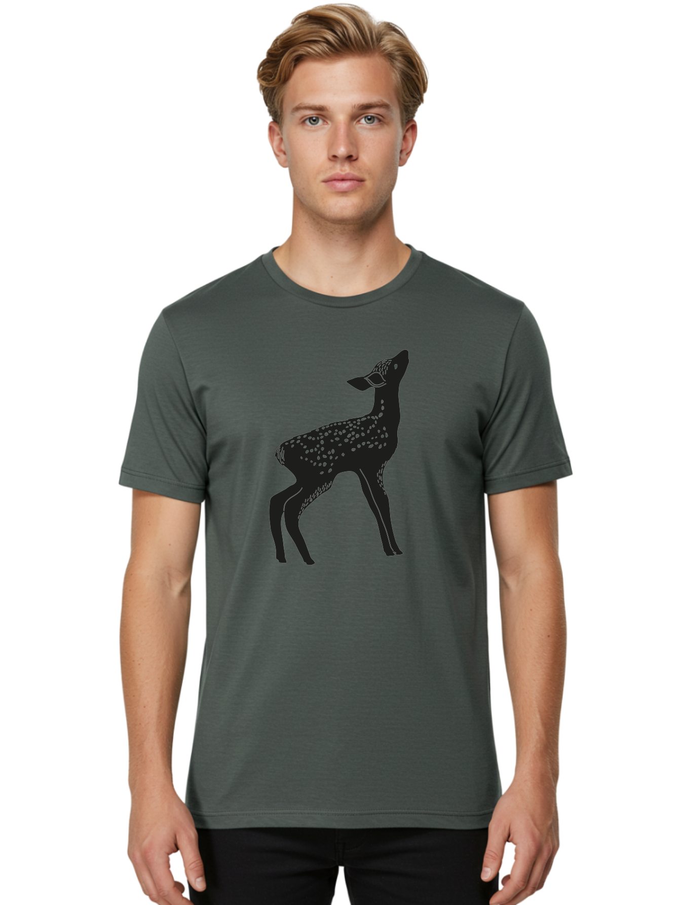 Deer-Silhouette Men'S Graphic Tee, 100% Cotton, Comfortable Casual Summer Wear, Machine Washable, Deer Silhouette, Spotted Deer, Wildlife Graphic, Minimalist Design, Simple Art, Wild Animal Illustration, Spotted Fur, Black Silhouette Aac209
