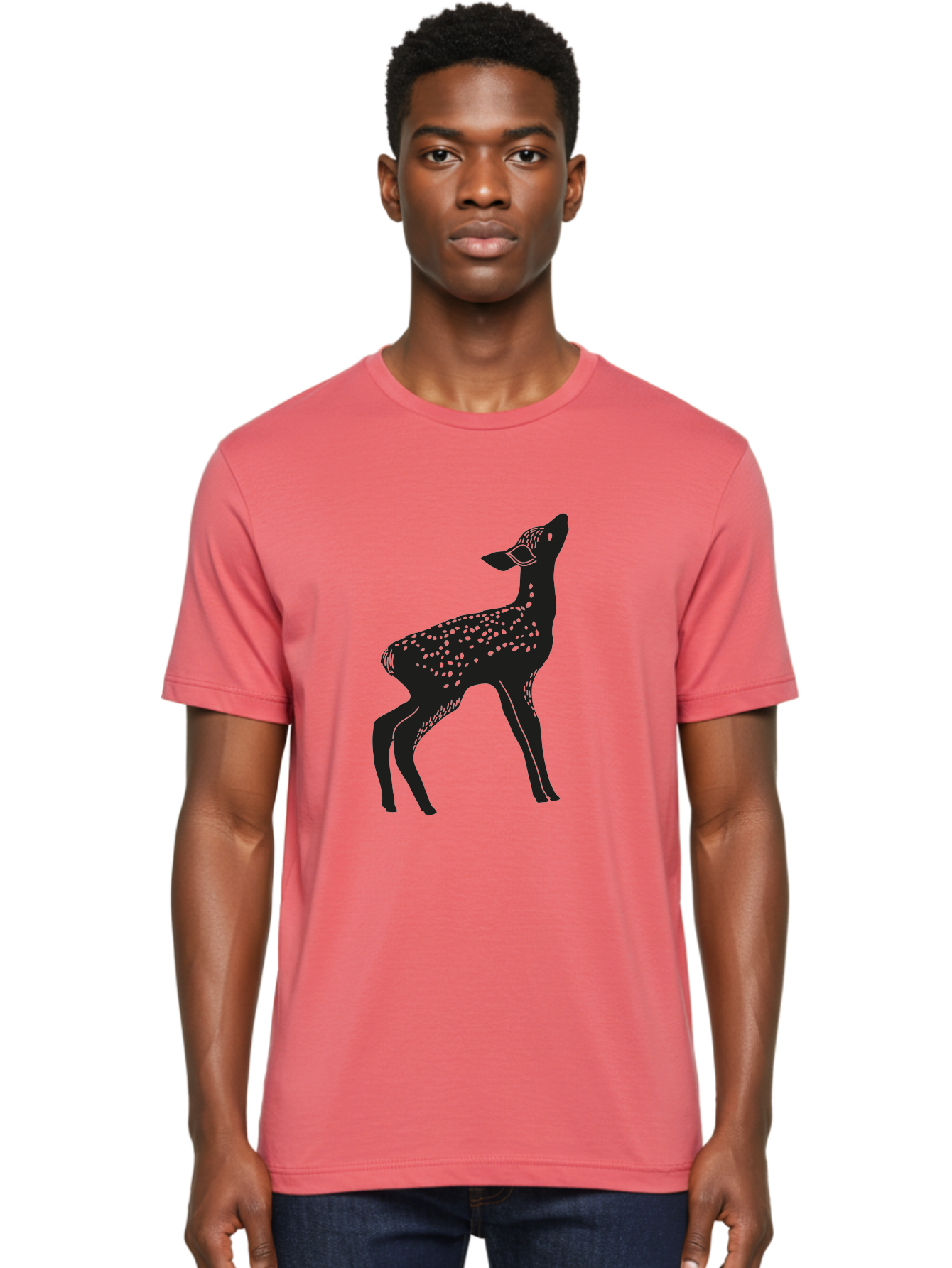Deer-Silhouette Men'S Graphic Tee, 100% Cotton, Comfortable Casual Summer Wear, Machine Washable, Deer Silhouette, Spotted Deer, Wildlife Graphic, Minimalist Design, Simple Art, Wild Animal Illustration, Spotted Fur, Black Silhouette Aac209