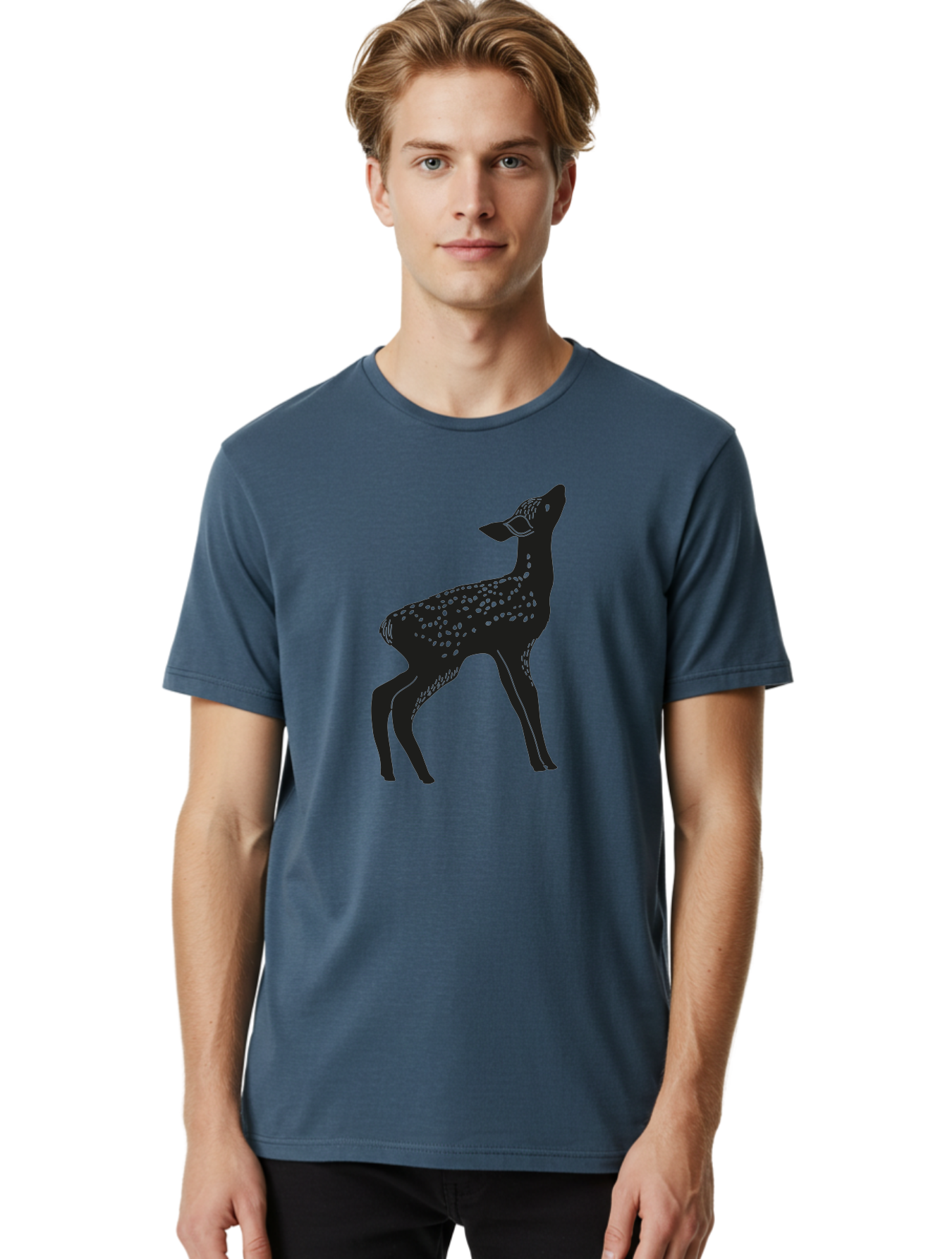 Deer-Silhouette Men'S Graphic Tee, 100% Cotton, Comfortable Casual Summer Wear, Machine Washable, Deer Silhouette, Spotted Deer, Wildlife Graphic, Minimalist Design, Simple Art, Wild Animal Illustration, Spotted Fur, Black Silhouette Aac209