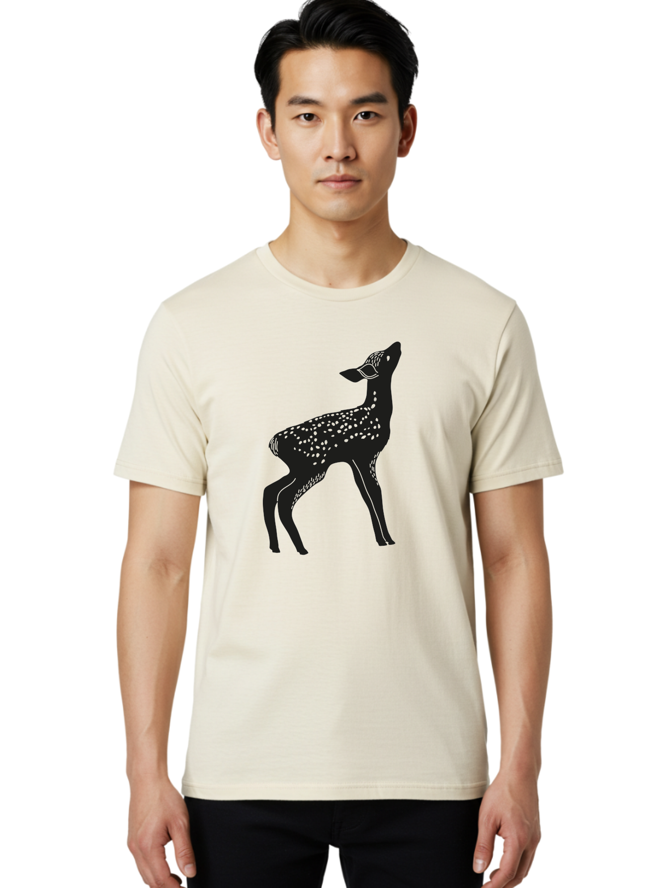 Deer-Silhouette Men'S Graphic Tee, 100% Cotton, Comfortable Casual Summer Wear, Machine Washable, Deer Silhouette, Spotted Deer, Wildlife Graphic, Minimalist Design, Simple Art, Wild Animal Illustration, Spotted Fur, Black Silhouette Aac209