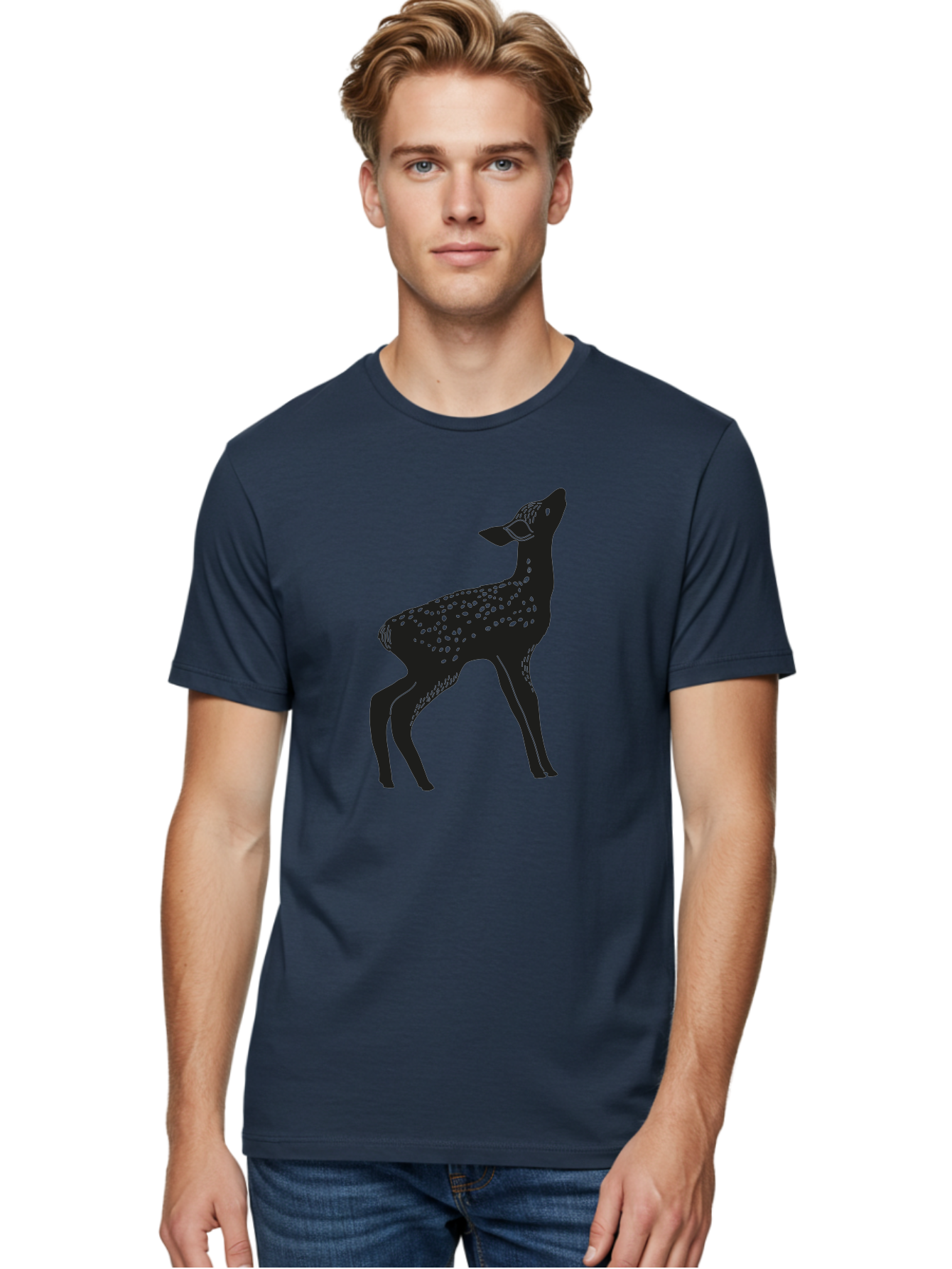 Deer-Silhouette Men'S Graphic Tee, 100% Cotton, Comfortable Casual Summer Wear, Machine Washable, Deer Silhouette, Spotted Deer, Wildlife Graphic, Minimalist Design, Simple Art, Wild Animal Illustration, Spotted Fur, Black Silhouette Aac209