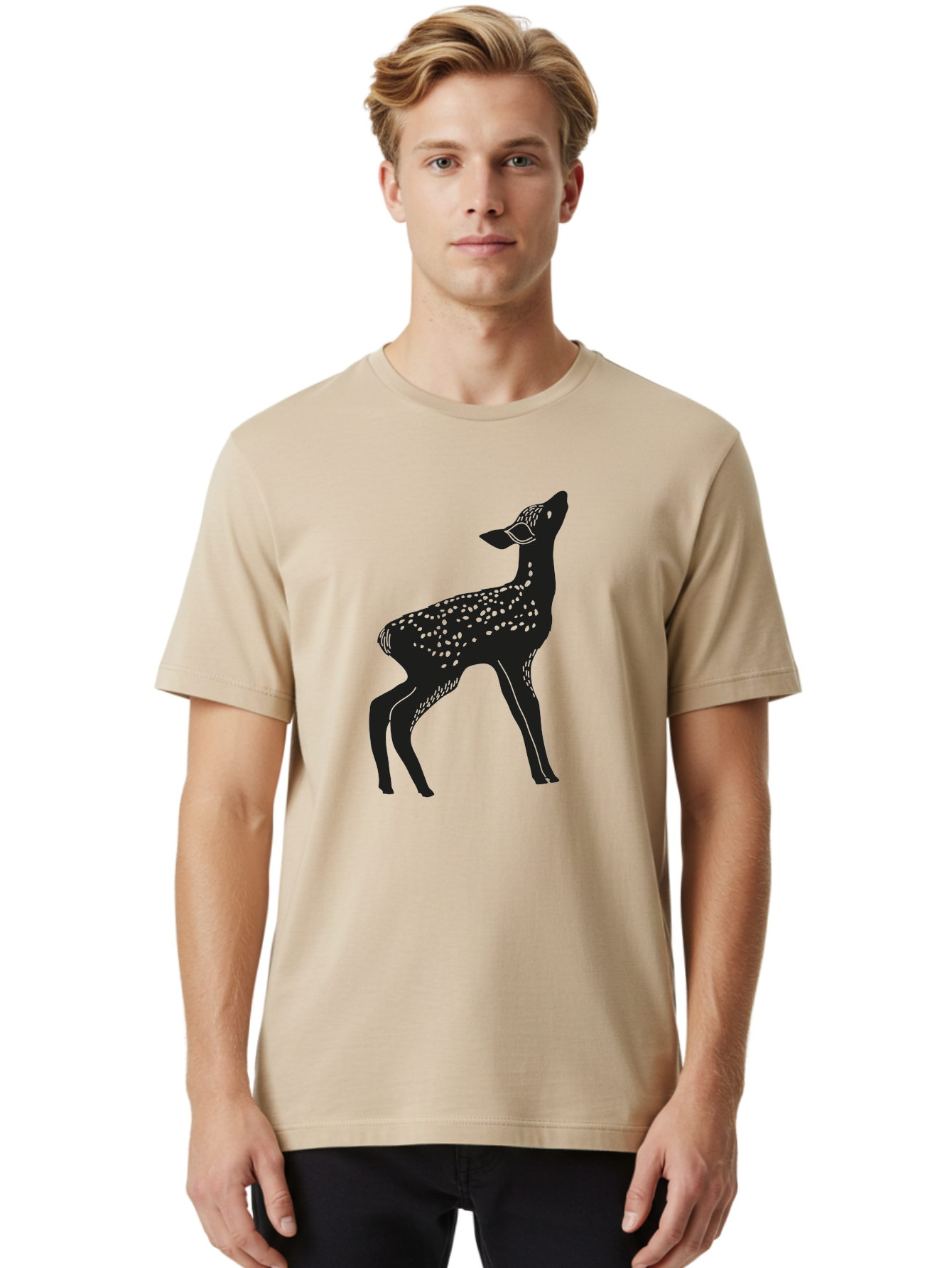 Deer-Silhouette Men'S Graphic Tee, 100% Cotton, Comfortable Casual Summer Wear, Machine Washable, Deer Silhouette, Spotted Deer, Wildlife Graphic, Minimalist Design, Simple Art, Wild Animal Illustration, Spotted Fur, Black Silhouette Aac209