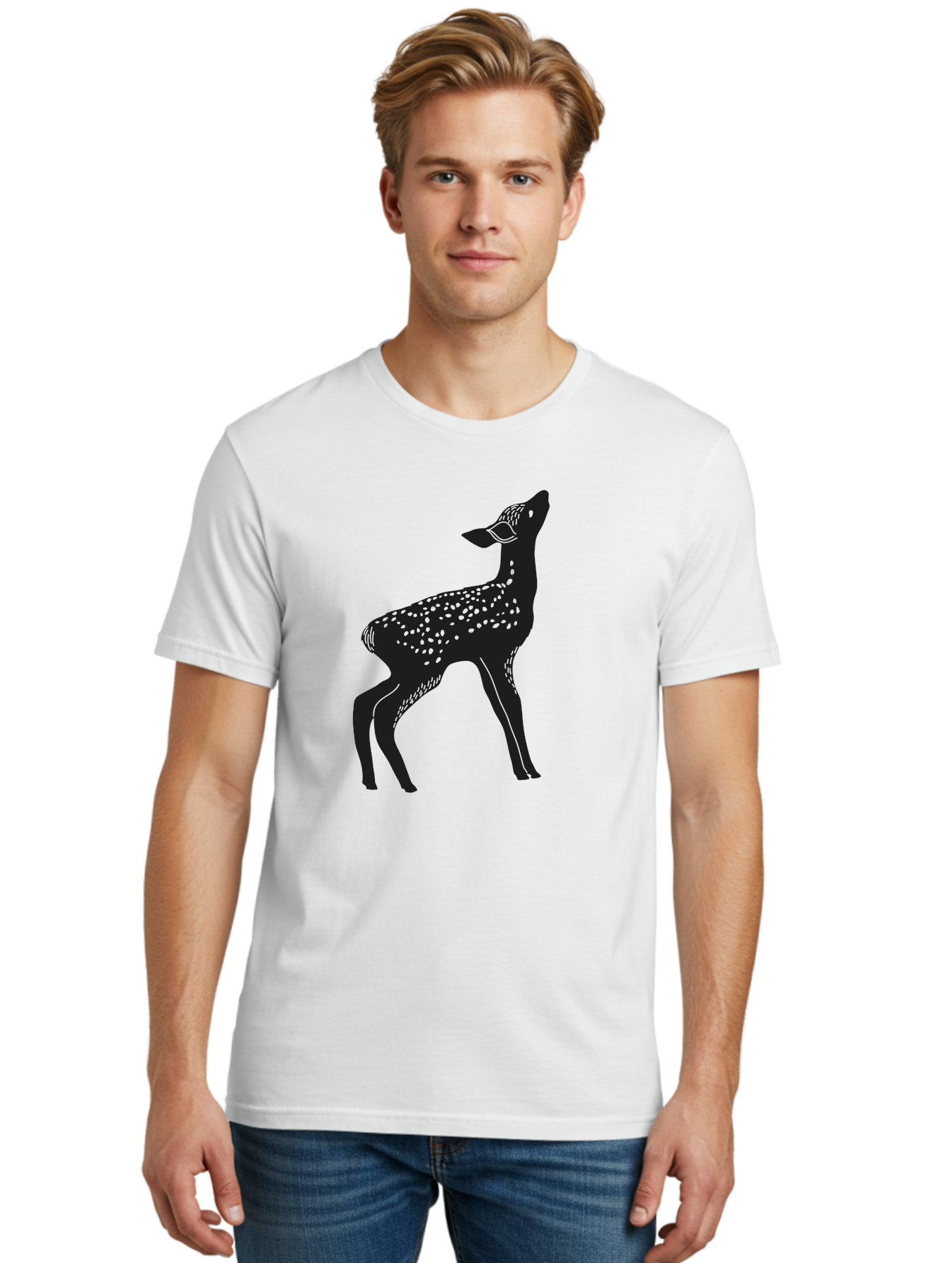 Deer-Silhouette Men'S Graphic Tee, 100% Cotton, Comfortable Casual Summer Wear, Machine Washable, Deer Silhouette, Spotted Deer, Wildlife Graphic, Minimalist Design, Simple Art, Wild Animal Illustration, Spotted Fur, Black Silhouette Aac209