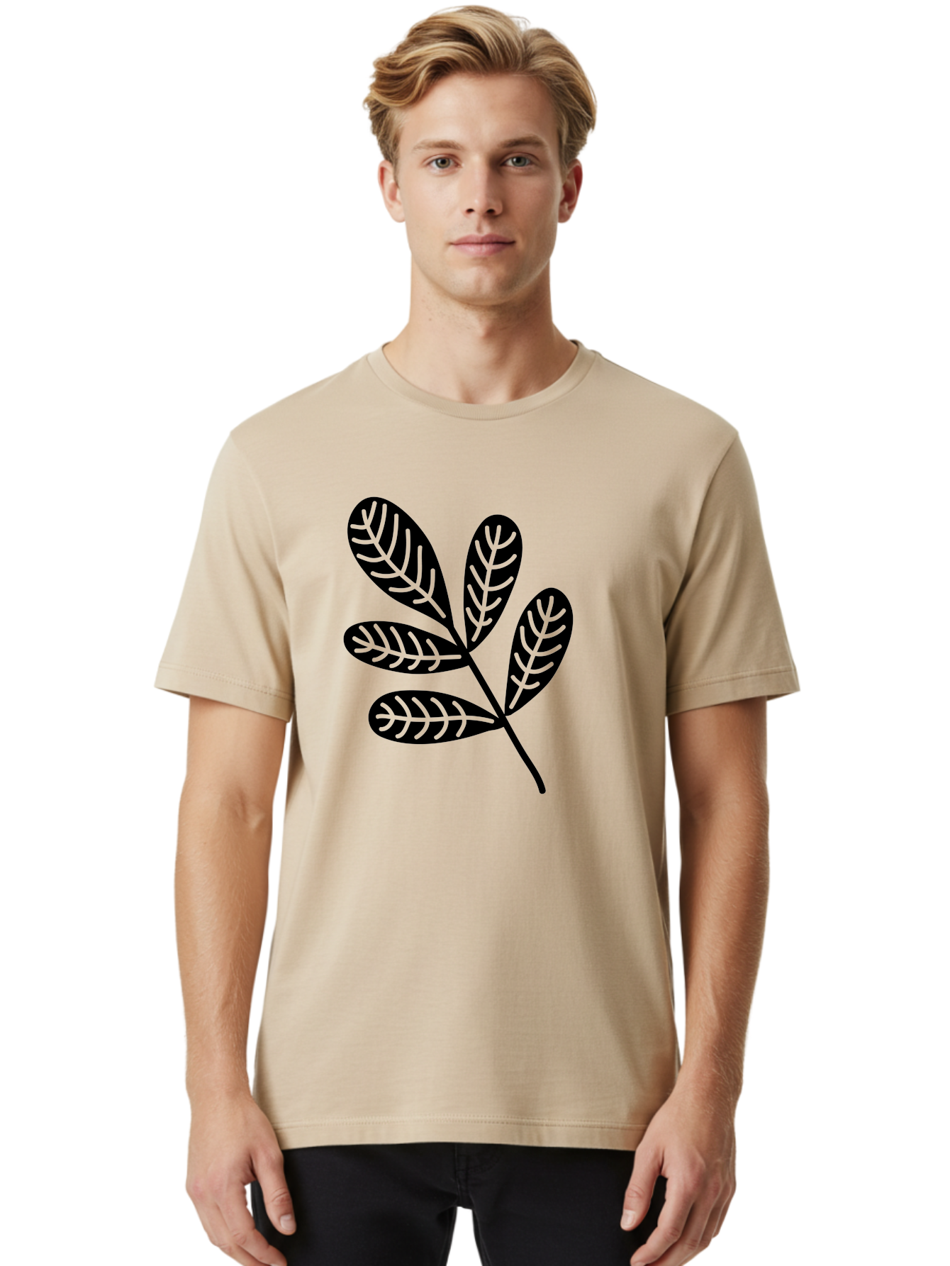 Five-Leaves Men'S Graphic Tee, 100% Cotton, Comfortable Casual Summer Wear, Machine Washable, Black Leaves, Leafy Branch, Foliage Illustration, Nature Graphics, Simple Leaf Design, Minimalist Botanical Art, Leaf Silhouette Aac210