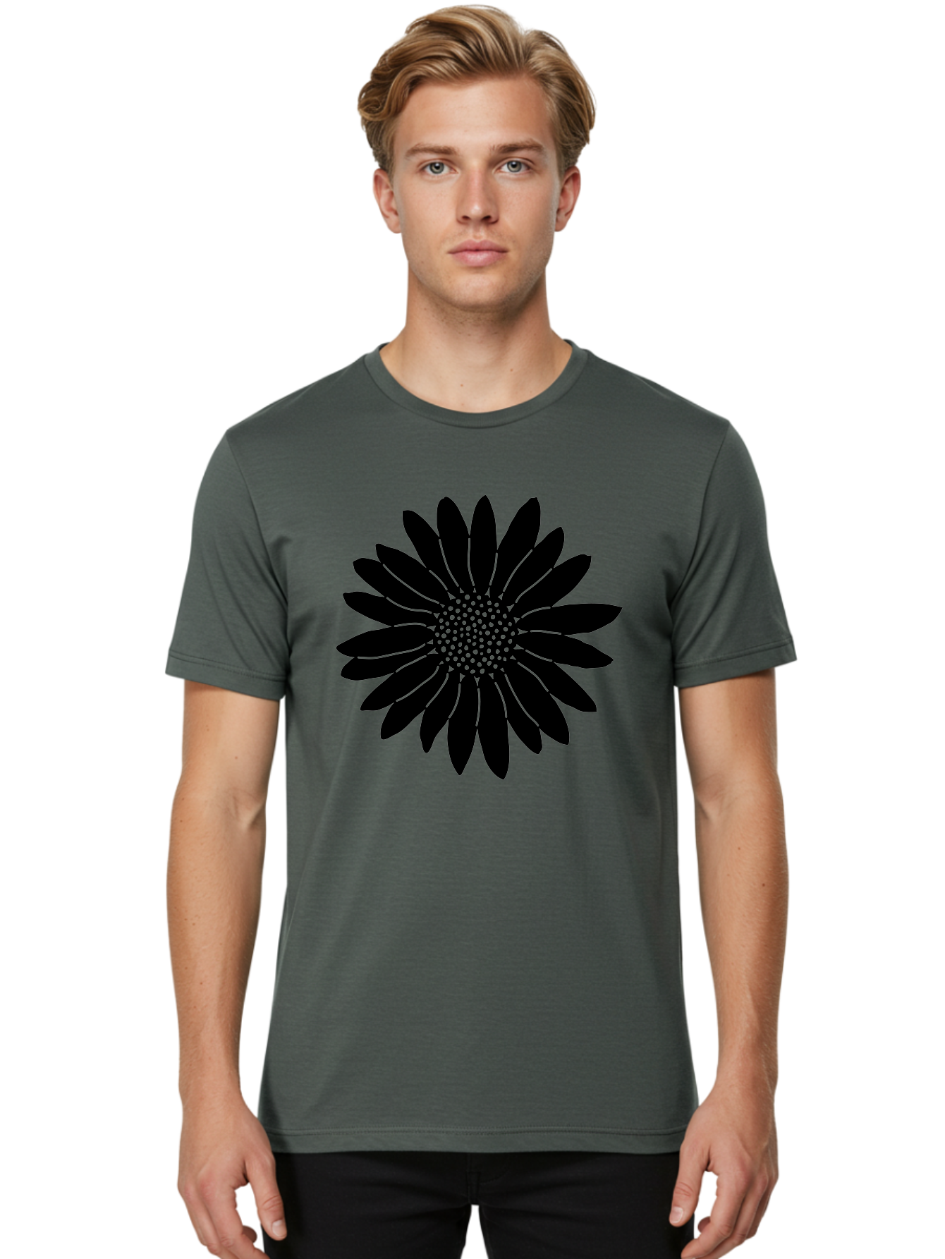 Flower Men'S Graphic Tee, 100% Cotton, Comfortable Casual Summer Wear, Machine Washable, Gerbera Daisy, Flower Silhouette, Floral Design, Black And Green, Minimalist Art, Modern Illustration, Stylized Bloom, Graphic Design Element, Aac213