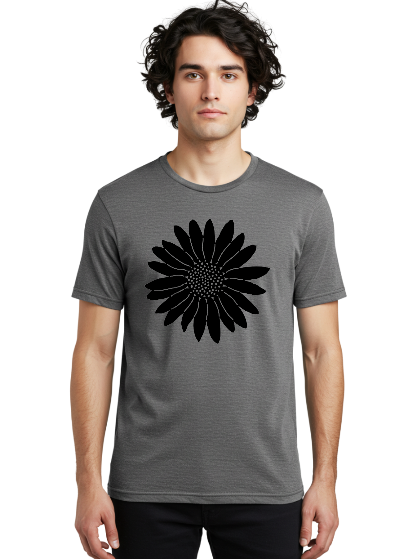 Flower Men'S Graphic Tee, 100% Cotton, Comfortable Casual Summer Wear, Machine Washable, Gerbera Daisy, Flower Silhouette, Floral Design, Black And Green, Minimalist Art, Modern Illustration, Stylized Bloom, Graphic Design Element, Aac213