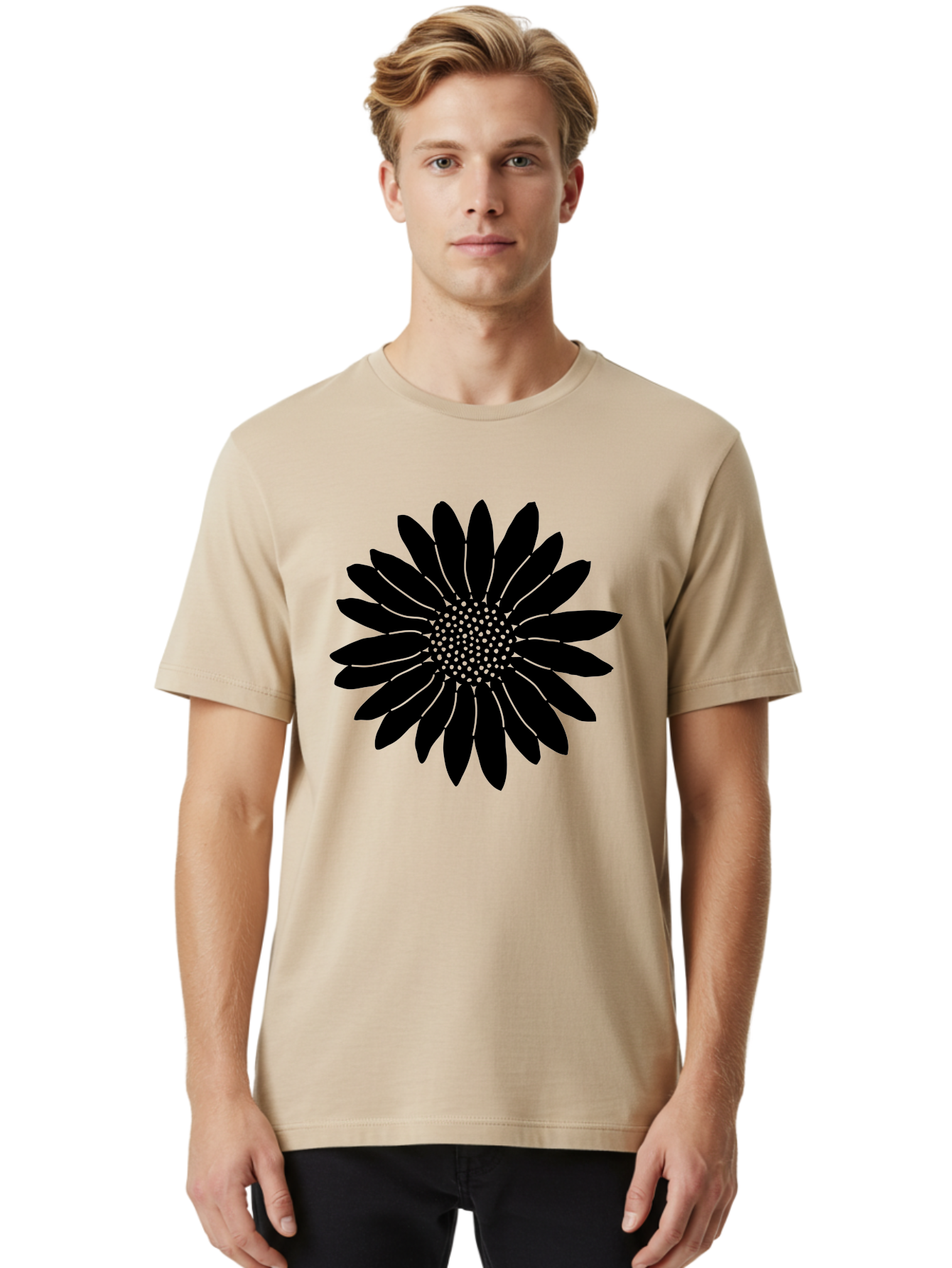 Flower Men'S Graphic Tee, 100% Cotton, Comfortable Casual Summer Wear, Machine Washable, Gerbera Daisy, Flower Silhouette, Floral Design, Black And Green, Minimalist Art, Modern Illustration, Stylized Bloom, Graphic Design Element, Aac213