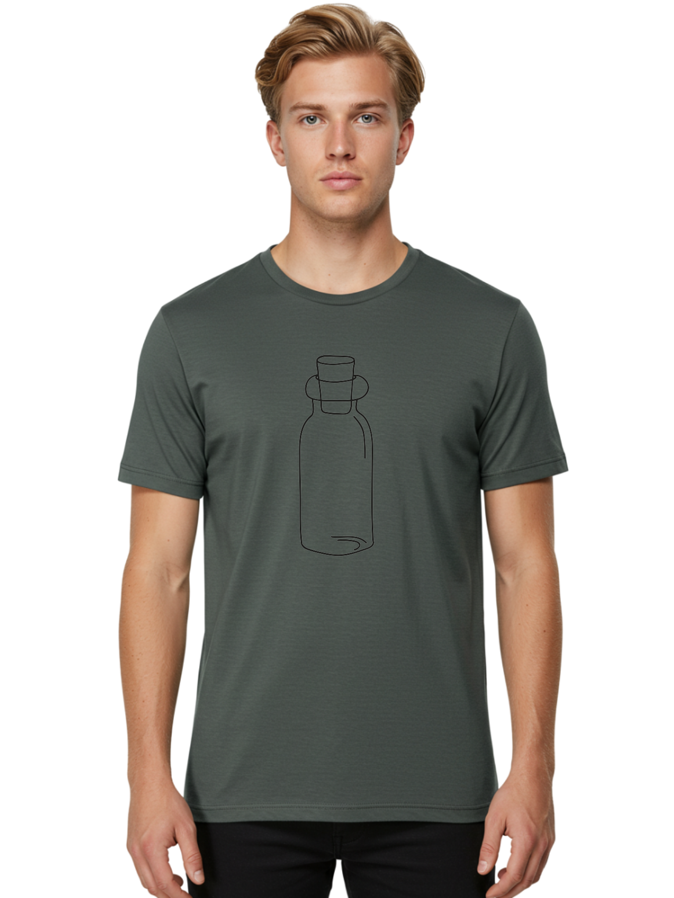 Glass-Bottle Men'S Graphic Tee, 100% Cotton, Comfortable Casual Summer Wear, Machine Washable, Simple Line Drawing, Minimalist Design, Apothecary Bottle, Vintage Style, Cork Stopper, Black Outline, Elegant Shape, Classic Bottle Design Aac215