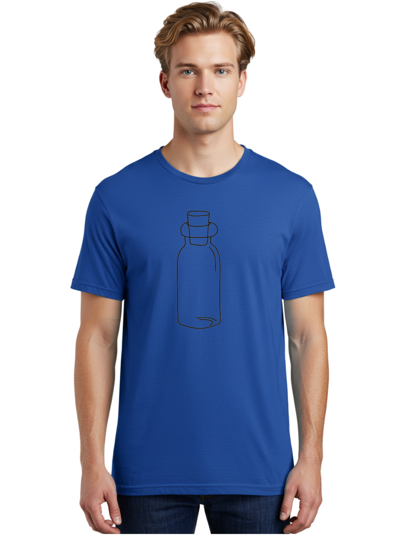 Glass-Bottle Men'S Graphic Tee, 100% Cotton, Comfortable Casual Summer Wear, Machine Washable, Simple Line Drawing, Minimalist Design, Apothecary Bottle, Vintage Style, Cork Stopper, Black Outline, Elegant Shape, Classic Bottle Design Aac215