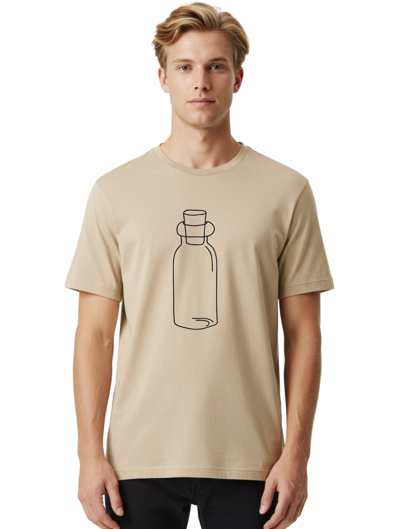 Glass-Bottle Men'S Graphic Tee, 100% Cotton, Comfortable Casual Summer Wear, Machine Washable, Simple Line Drawing, Minimalist Design, Apothecary Bottle, Vintage Style, Cork Stopper, Black Outline, Elegant Shape, Classic Bottle Design Aac215