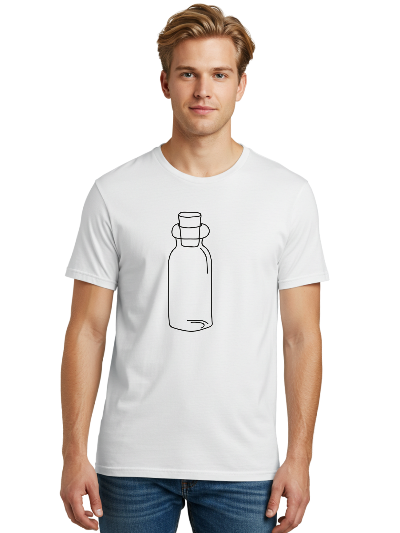 Glass-Bottle Men'S Graphic Tee, 100% Cotton, Comfortable Casual Summer Wear, Machine Washable, Simple Line Drawing, Minimalist Design, Apothecary Bottle, Vintage Style, Cork Stopper, Black Outline, Elegant Shape, Classic Bottle Design Aac215