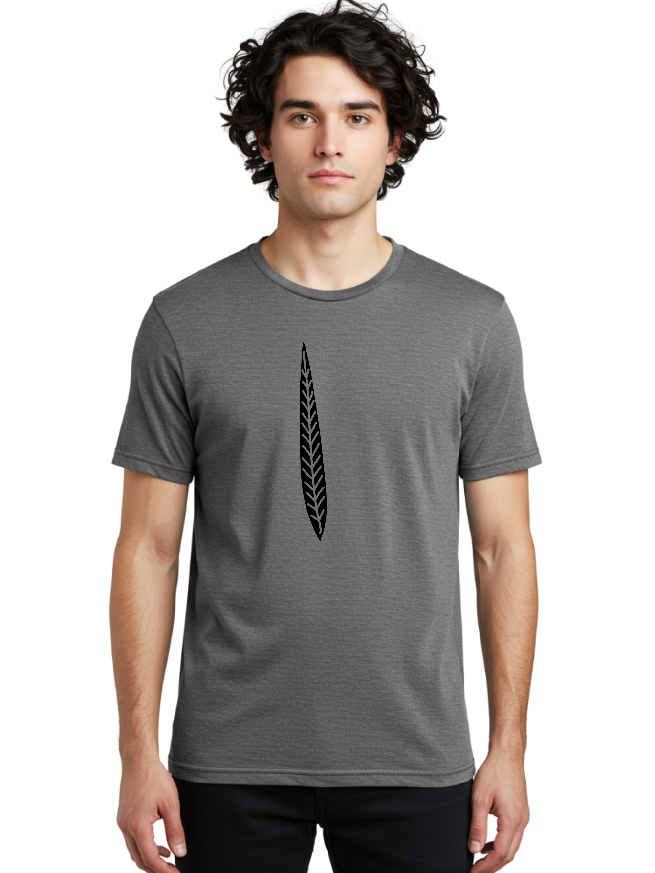Leaf-Design Men'S Graphic Tee, 100% Cotton, Comfortable Casual Summer Wear, Machine Washable, Black Feather Silhouette, Symmetrical Design, Minimalist Art, Simple Shapes, Graphic Design Element, Vector Icon, Sharp Pointed Ends Aac218