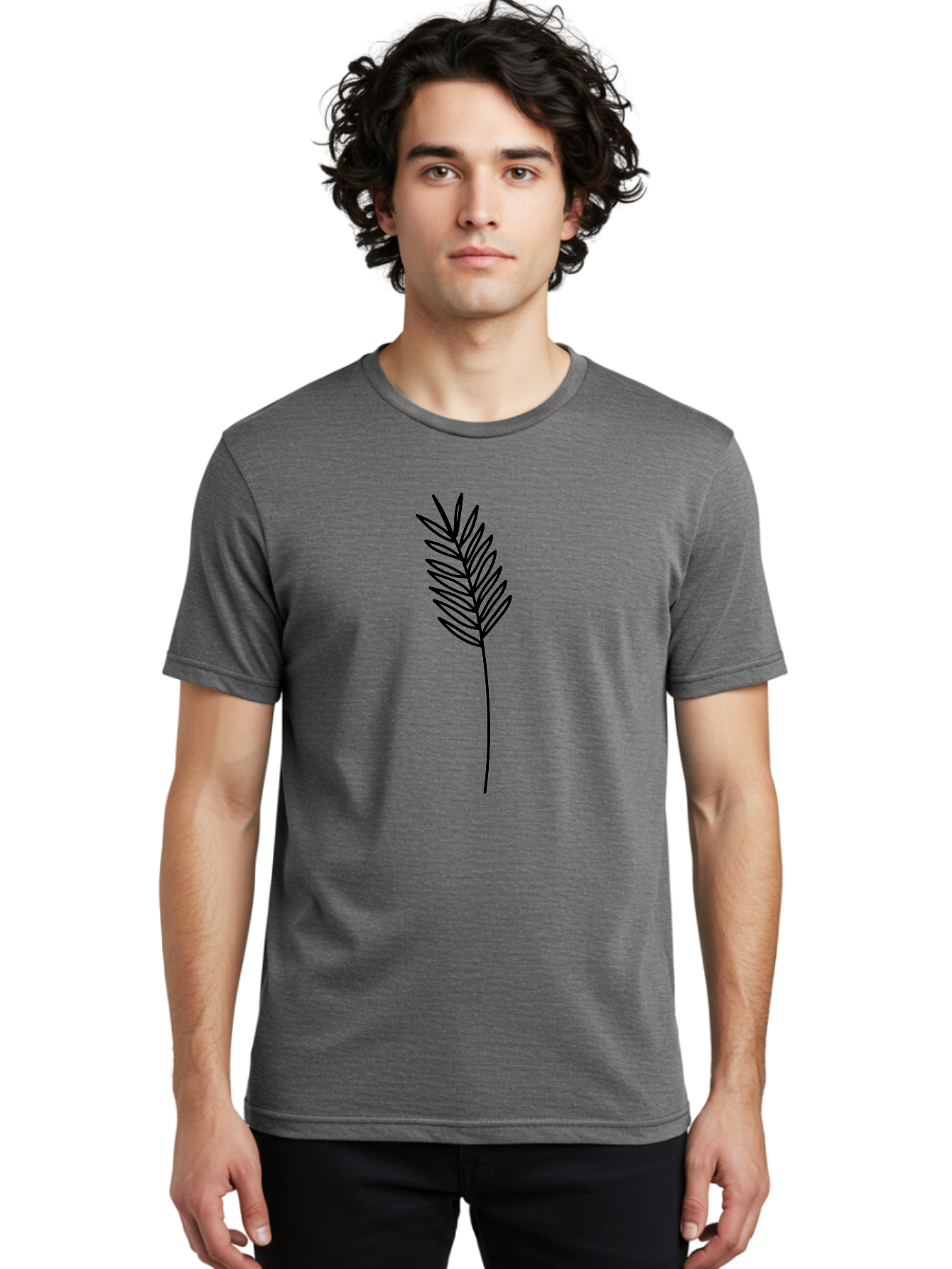 Leaf Men'S Graphic Tee, 100% Cotton, Comfortable Casual Summer Wear, Machine Washable, Palm Frond, Simple Illustration, Minimalist Design, Vector Graphic, Black Outline, Foliage, Tropical Leaf, Botanical Art, Leafy Branch, Modern Iconography Aac220